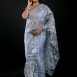 Powder Blue Organza Saree with All Over Embroidered Floral Work - image 2