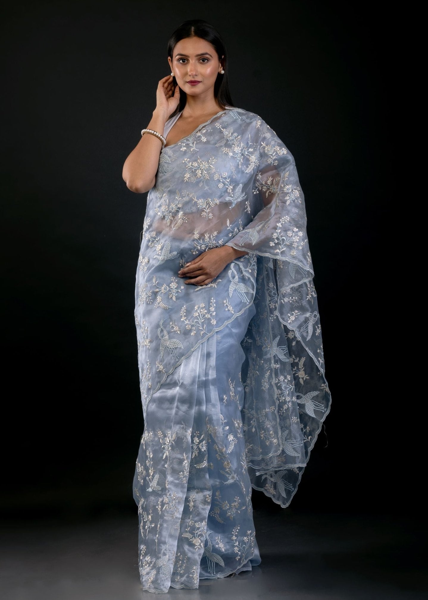 Powder Blue Organza Saree with All Over Embroidered Floral Work - Anvi Couture