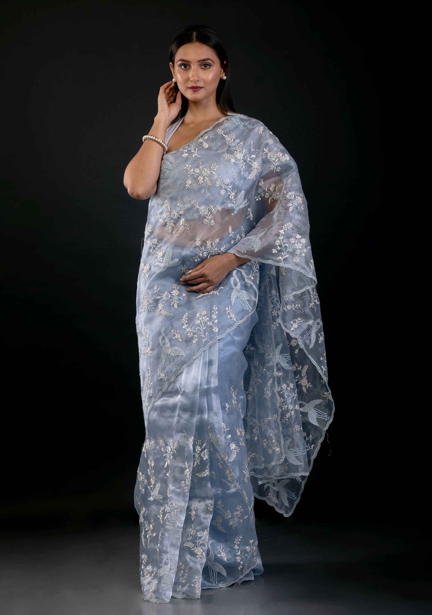 Powder Blue Organza Saree with All Over Embroidered Floral Work - image 2