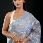 Powder Blue Organza Saree with All Over Embroidered Floral Work - image 3