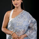Powder Blue Organza Saree with All Over Embroidered Floral Work - image 3