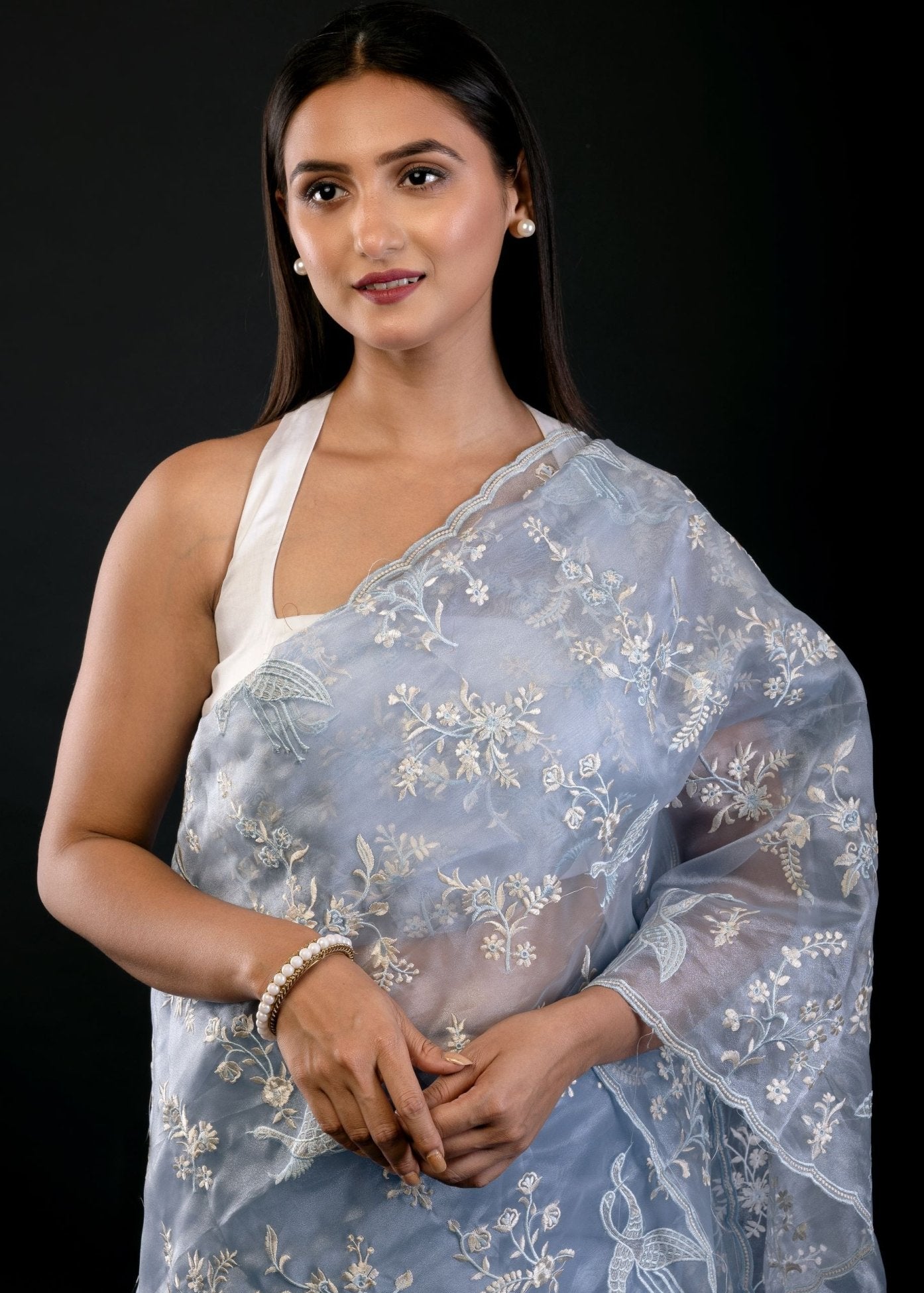Powder Blue Organza Saree with All Over Embroidered Floral Work - Anvi Couture