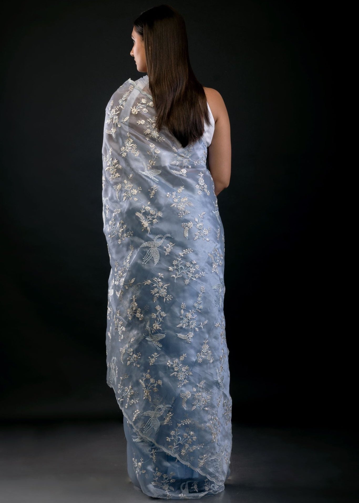 Powder Blue Organza Saree with All Over Embroidered Floral Work - Anvi Couture