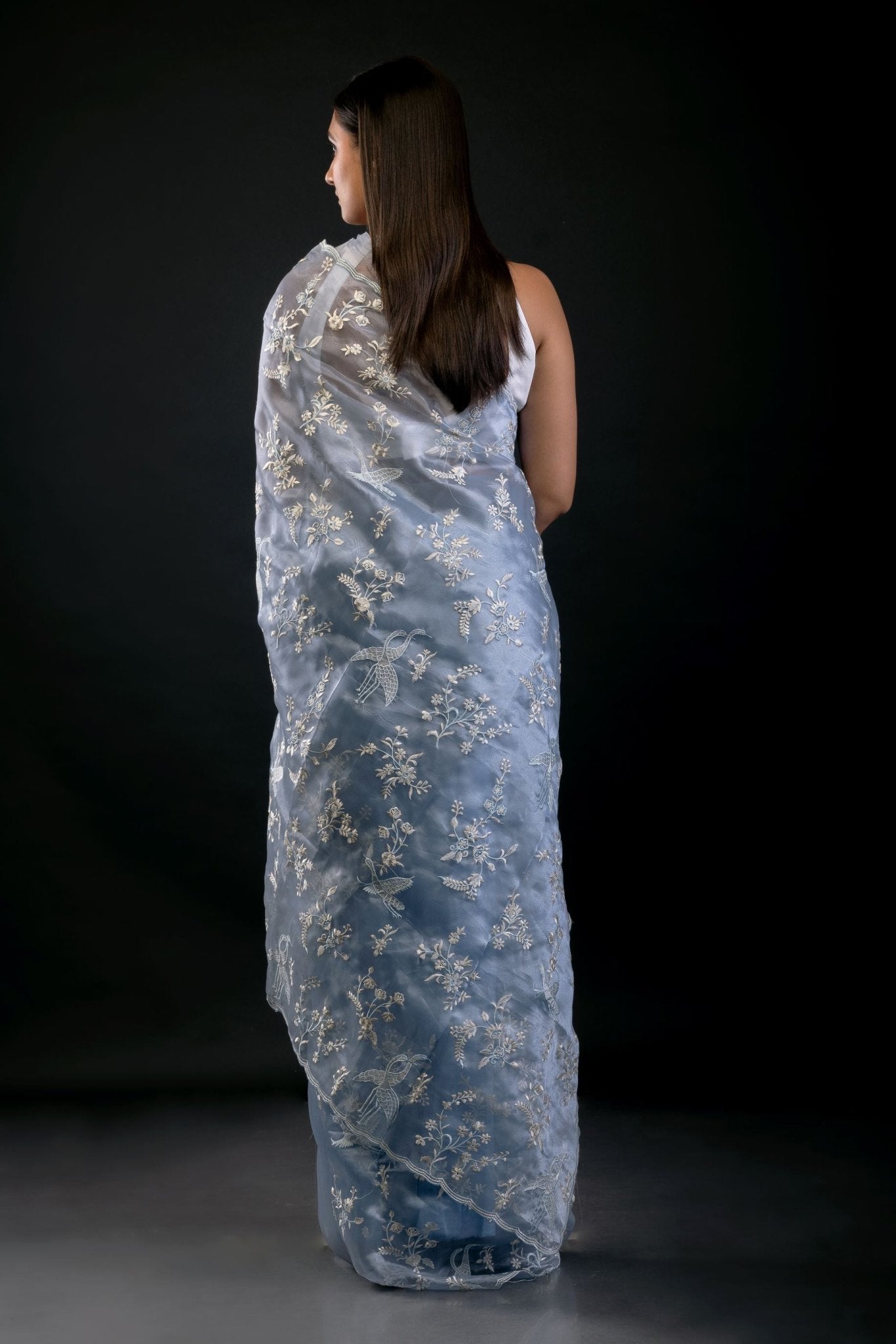 Powder Blue Organza Saree with All Over Embroidered Floral Work - Anvi Couture