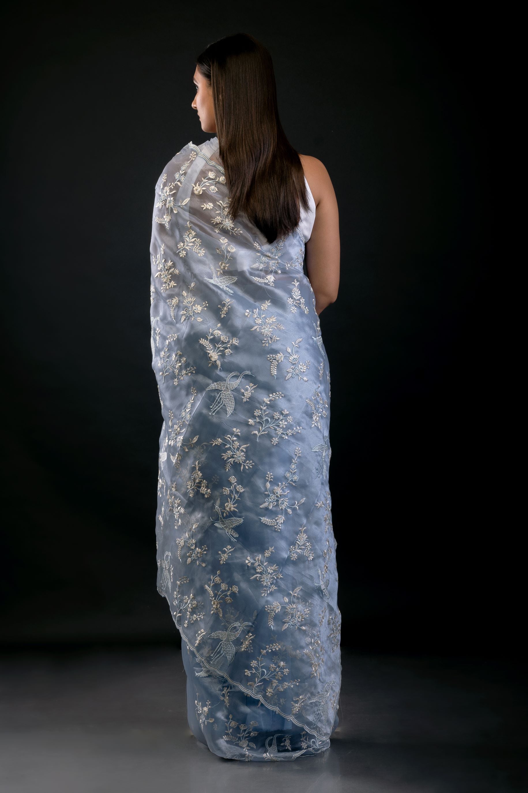 Powder Blue Organza Saree with All Over Embroidered Floral Work - image 4