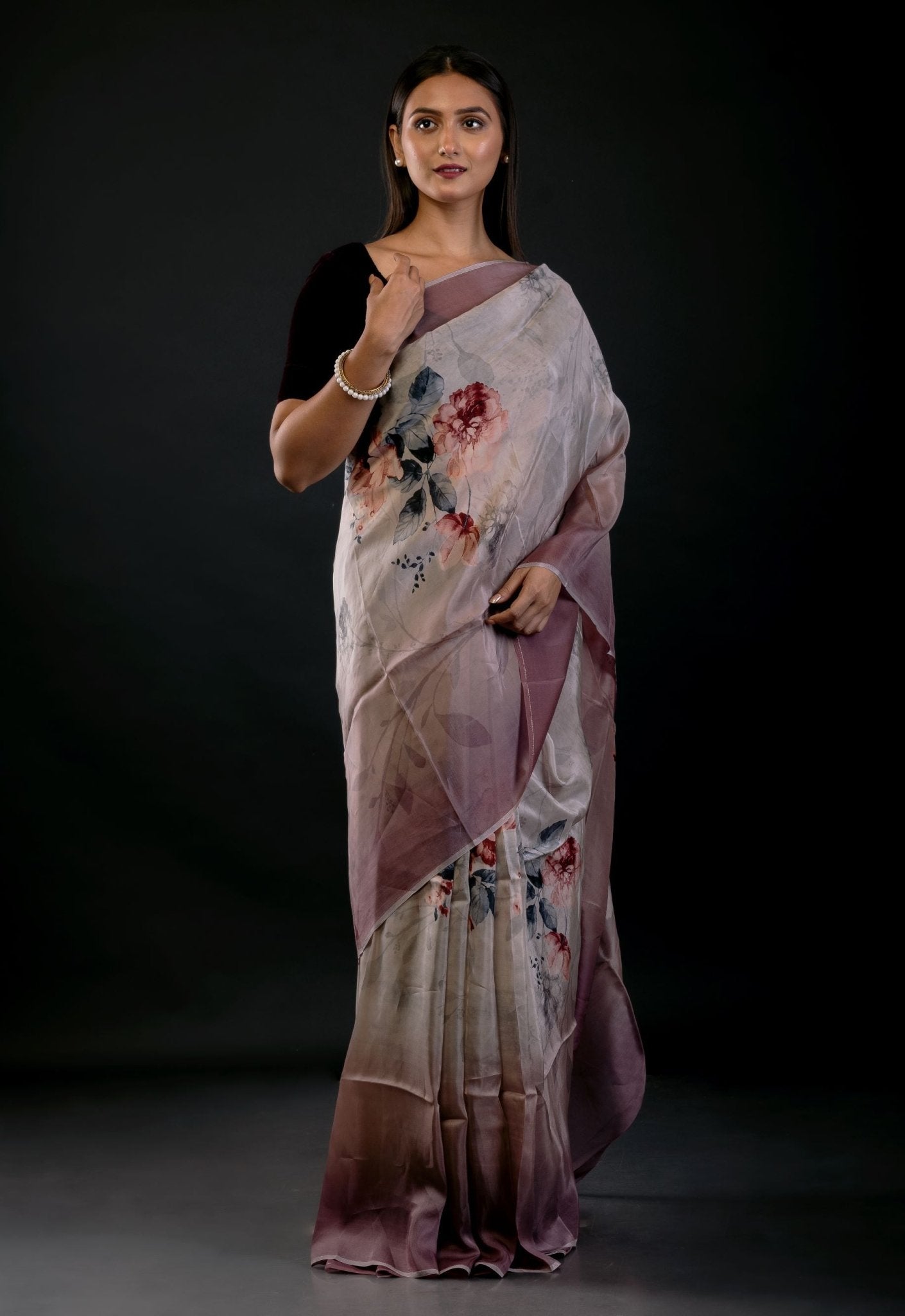 Ombre Wine Color Digital Printed Silk Organza Saree - Anvi Couture