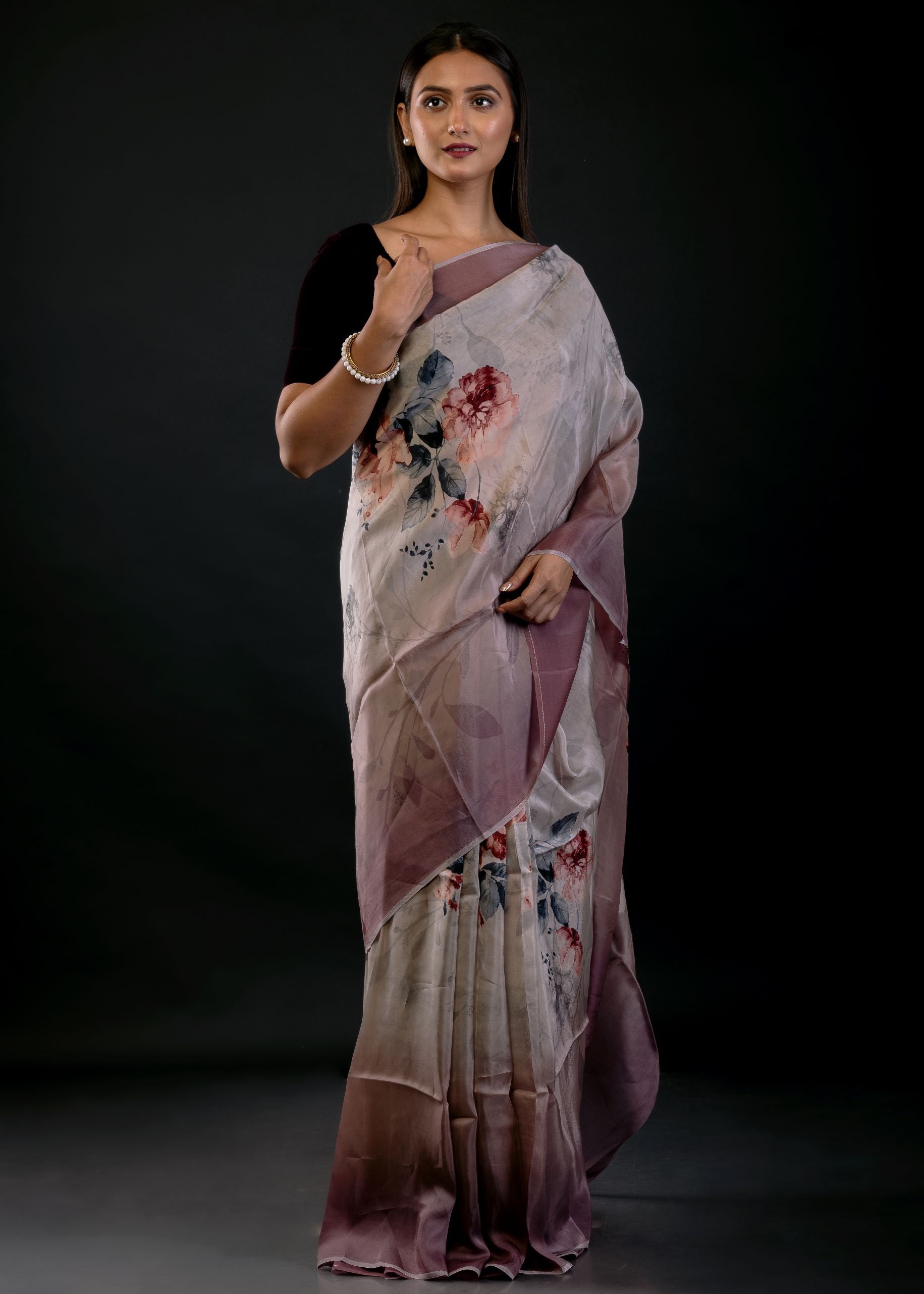 Ombre Wine Color Digital Printed Silk Organza Saree - image 1