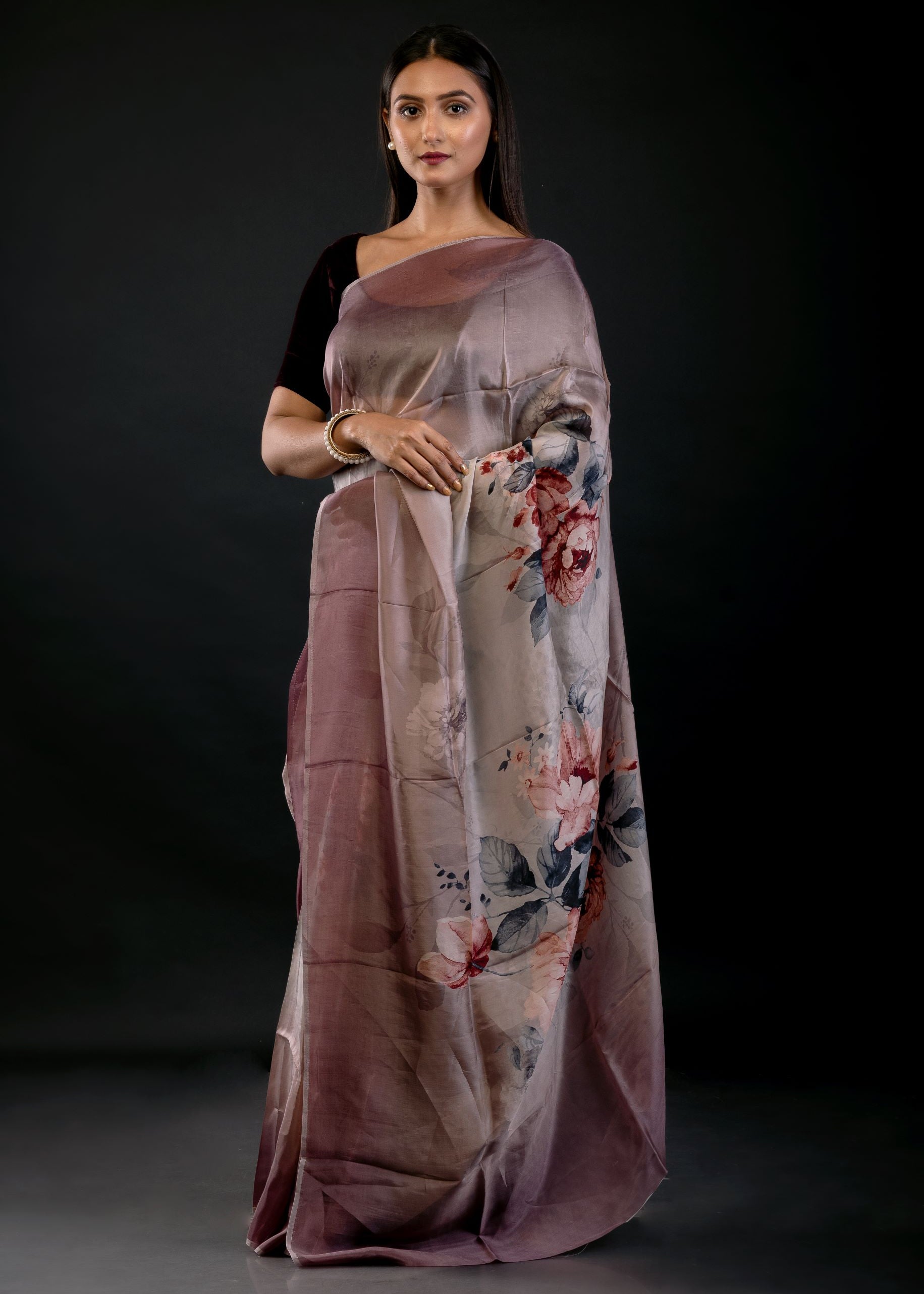 Ombre Wine Color Digital Printed Silk Organza Saree - image 2