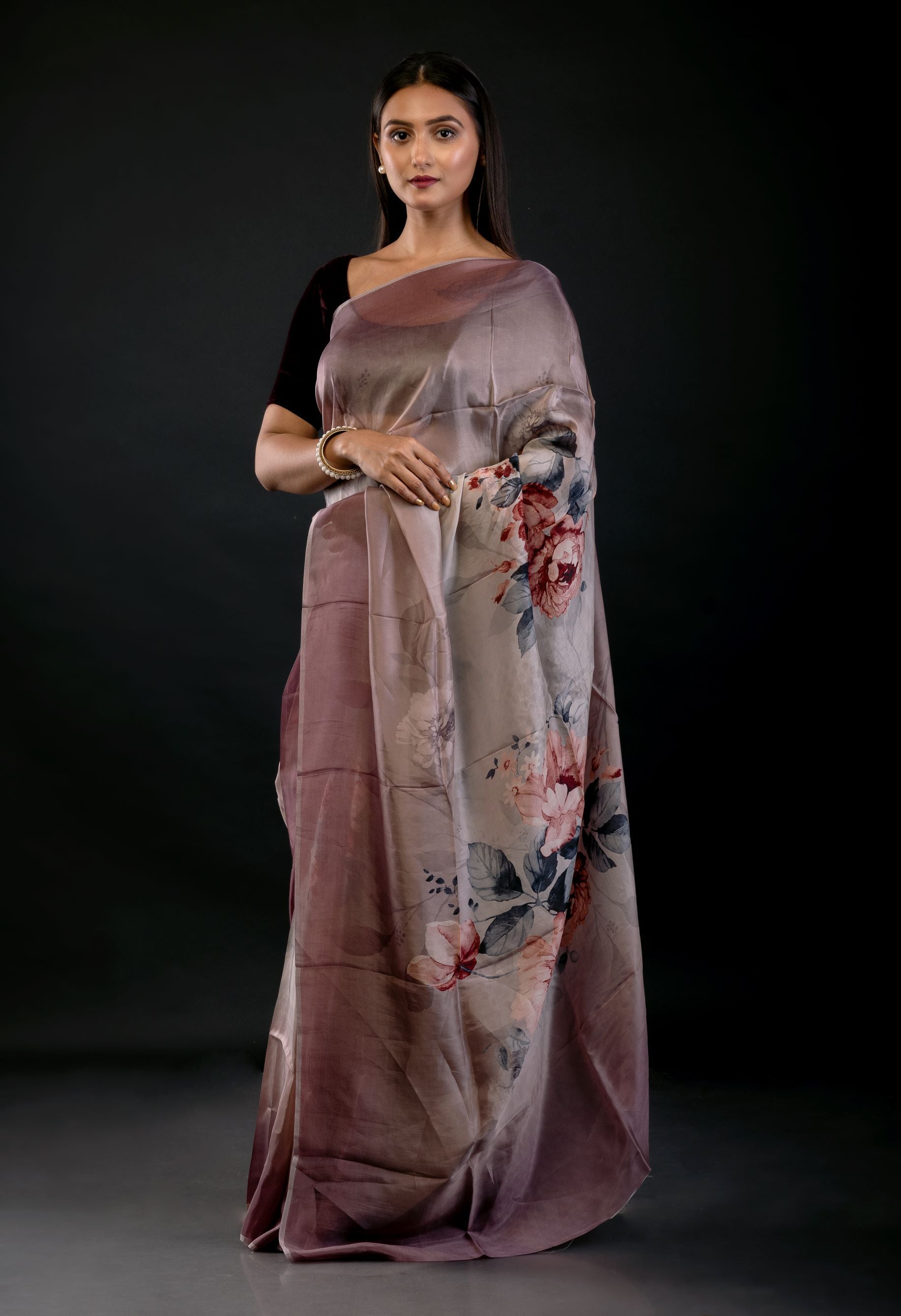 Ombre Wine Color Digital Printed Silk Organza Saree - image 2