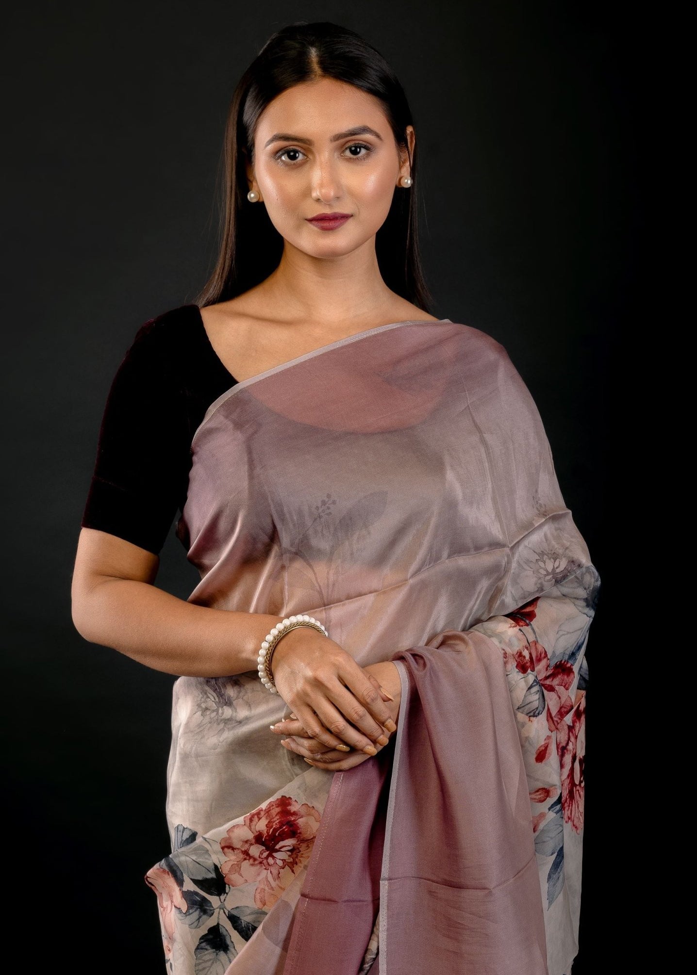 Ombre Wine Color Digital Printed Silk Organza Saree - Anvi Couture