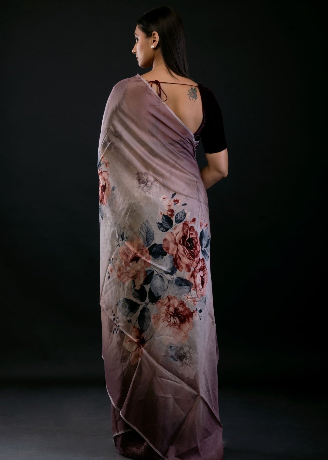 Ombre Wine Color Digital Printed Silk Organza Saree - Anvi Couture