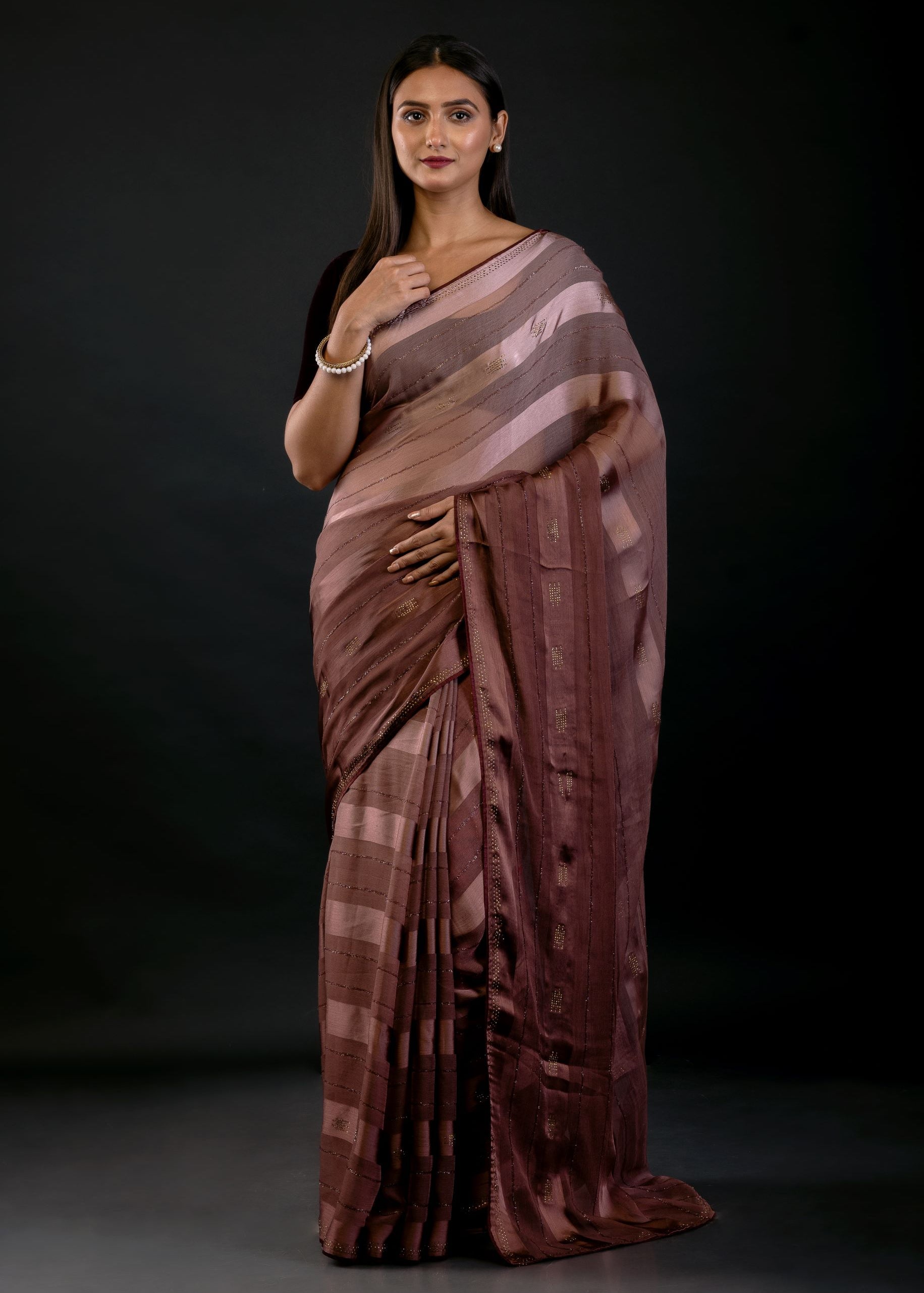Brown Ombre Self Stripe Fancy Georgette Saree - image 1