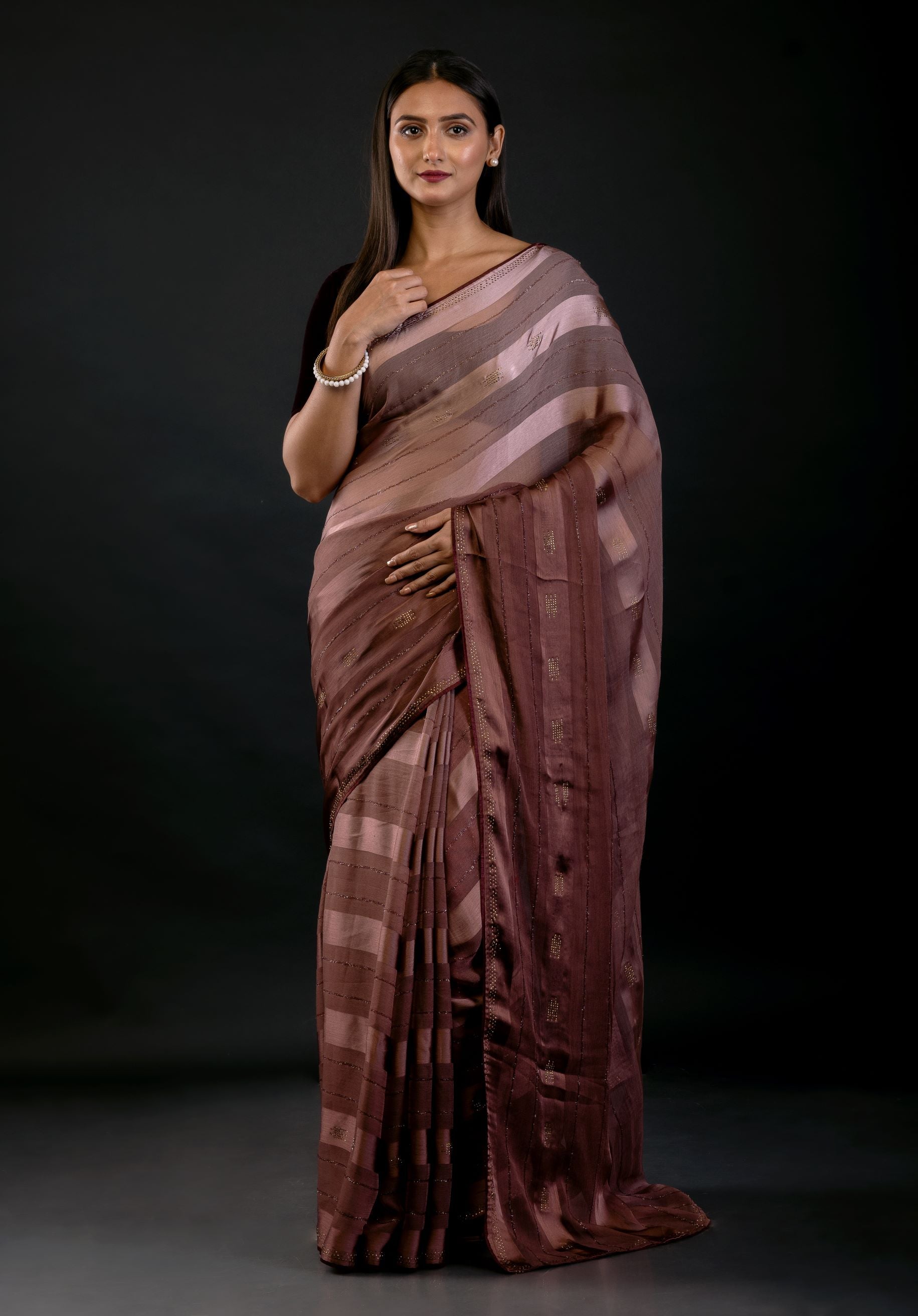 Brown Ombre Self Stripe Fancy Georgette Saree - image 1