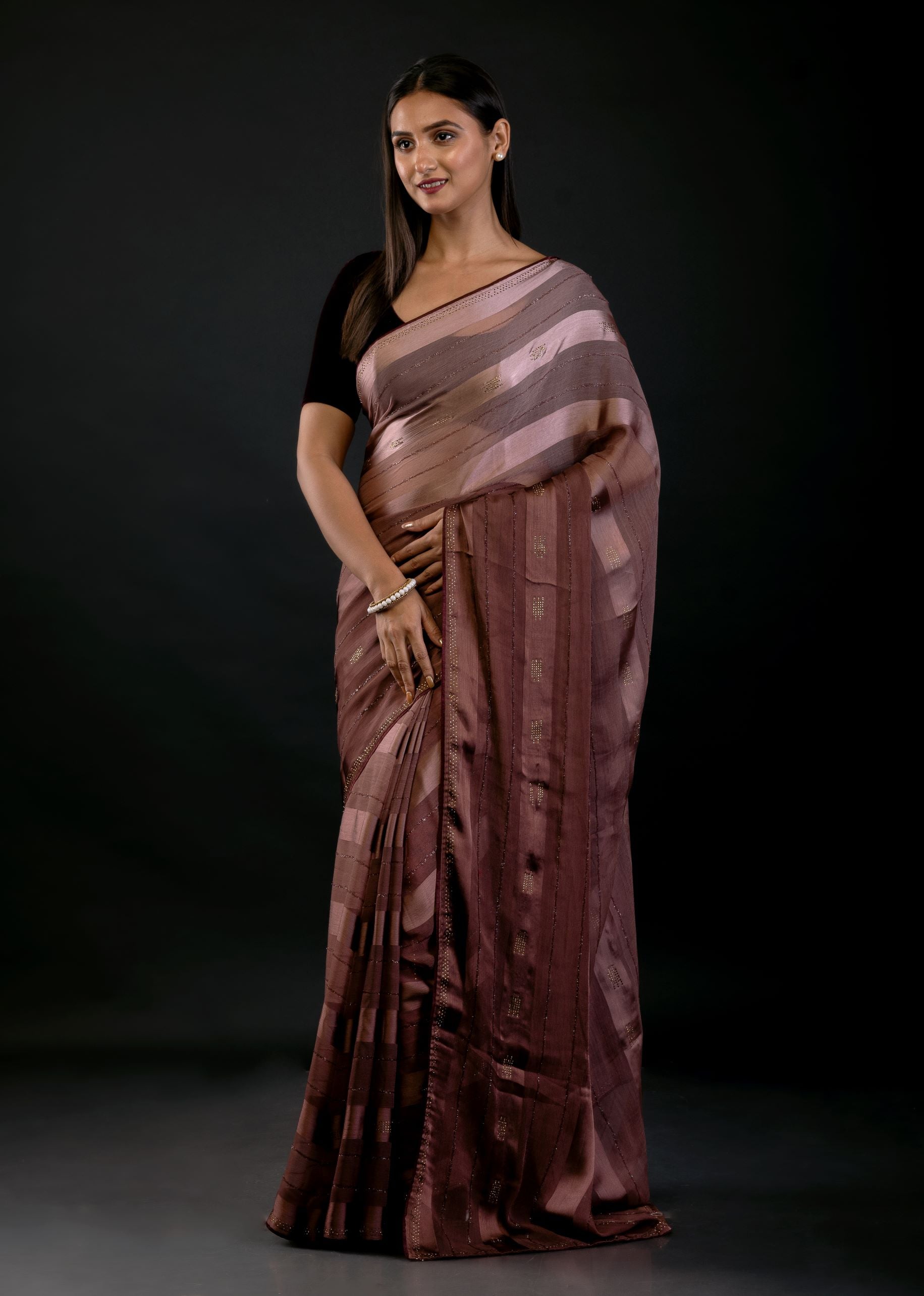 Brown Ombre Self Stripe Fancy Georgette Saree - image 2