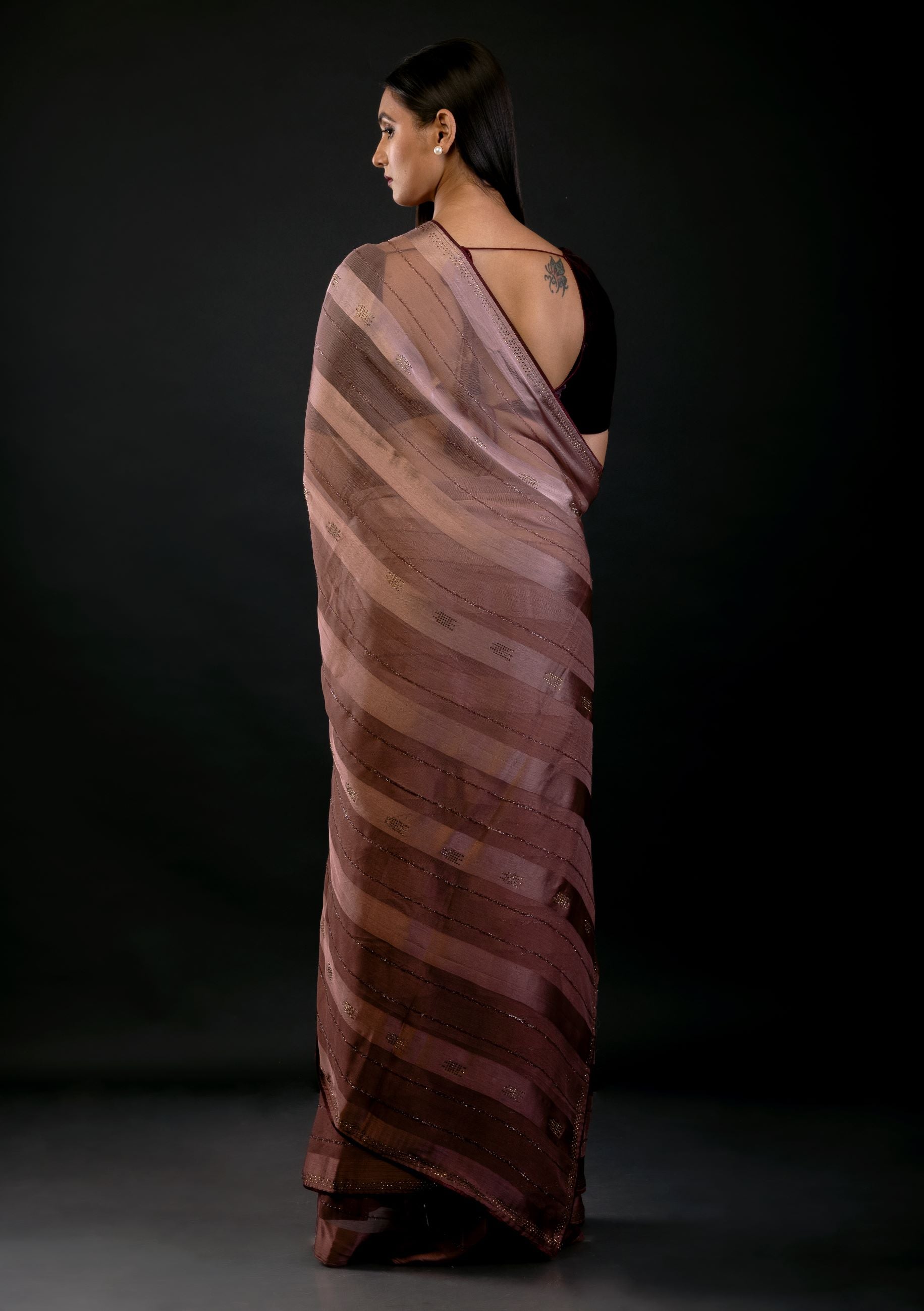 Brown Ombre Self Stripe Fancy Georgette Saree - image 4