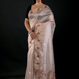 Pearl White Floral Embroidered Tissue Silk Saree - image 2