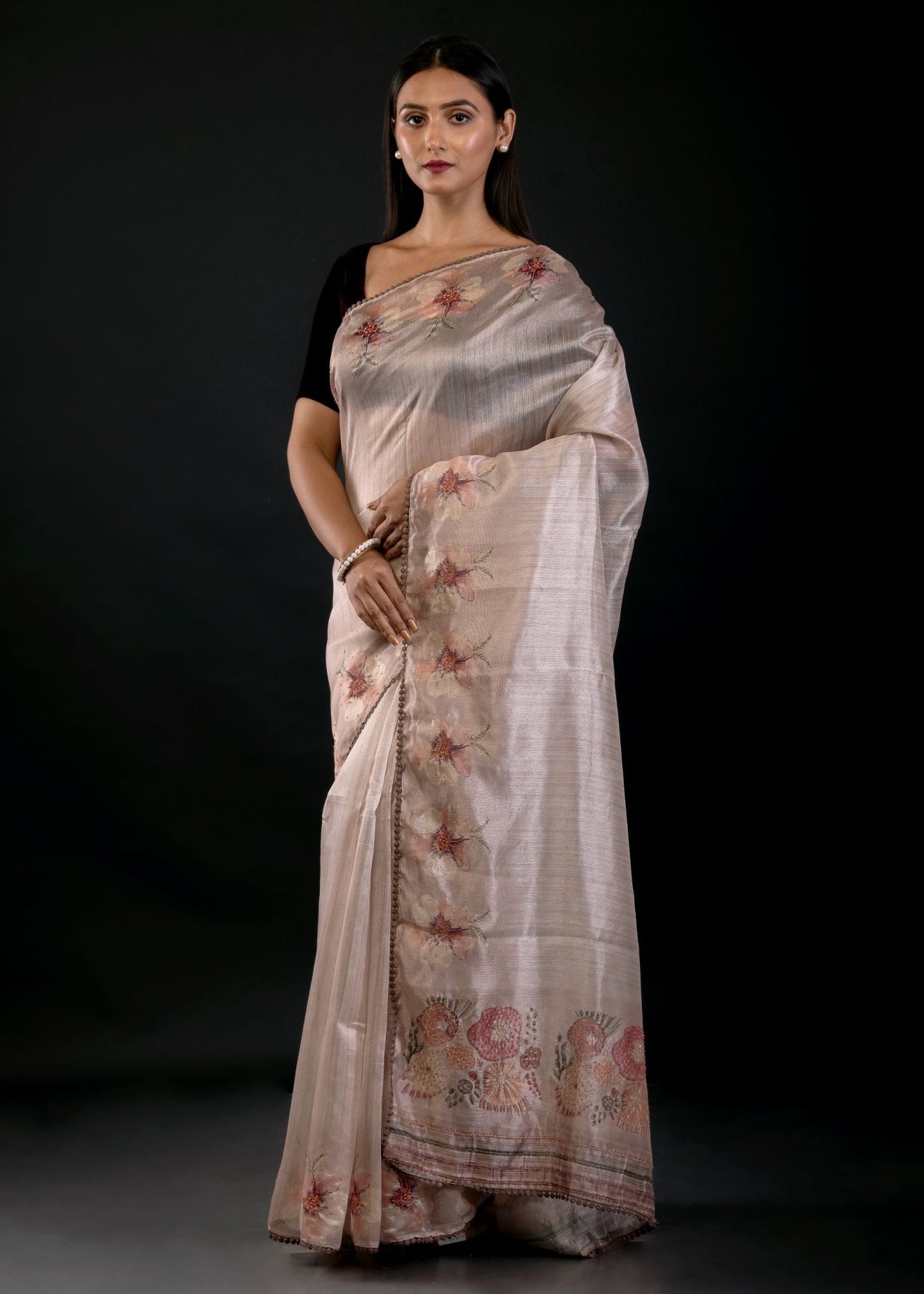 Pearl White Floral Embroidered Tissue Silk Saree - Anvi Couture