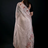 Pearl White Floral Embroidered Tissue Silk Saree - image 4