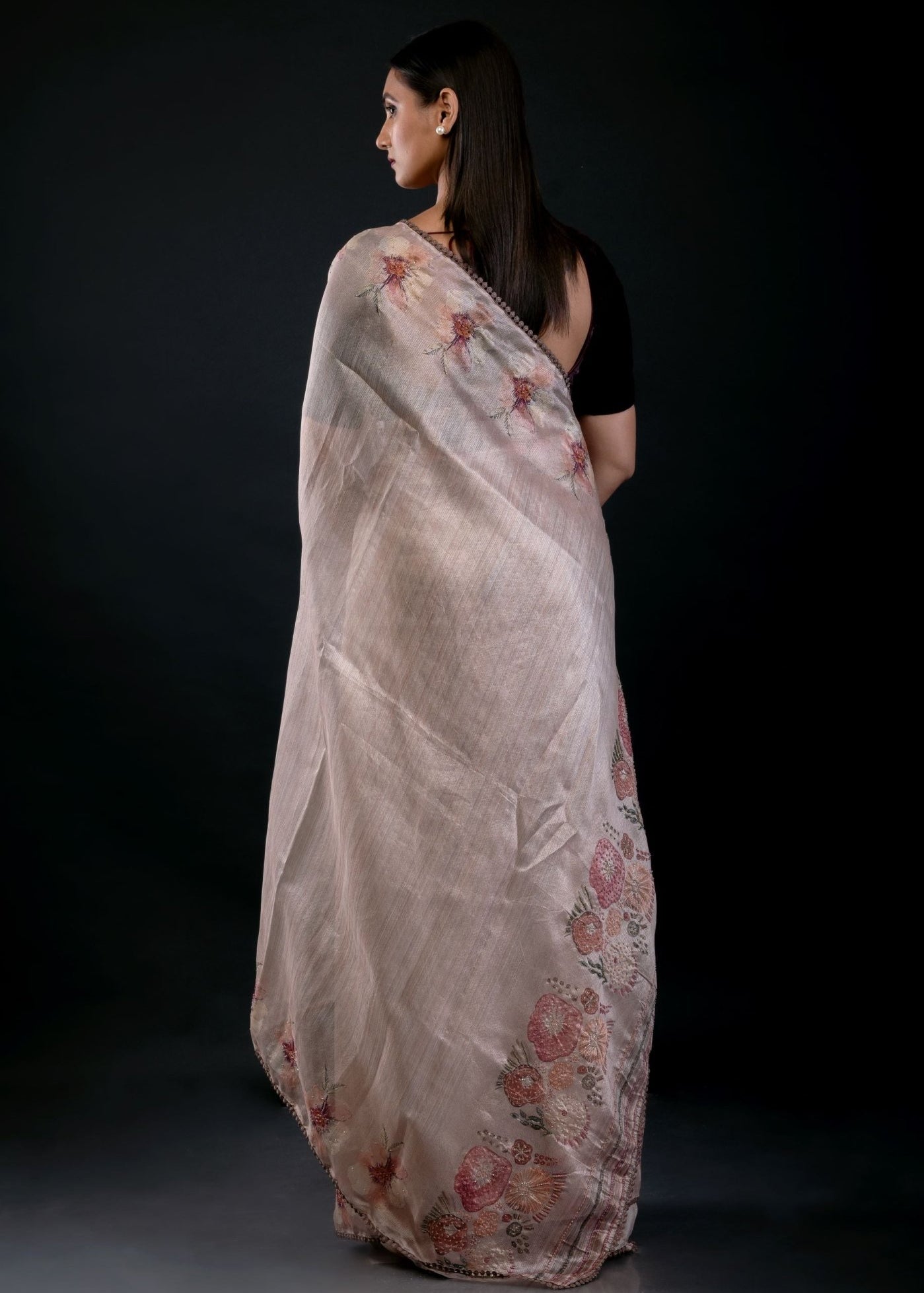 Pearl White Floral Embroidered Tissue Silk Saree - Anvi Couture