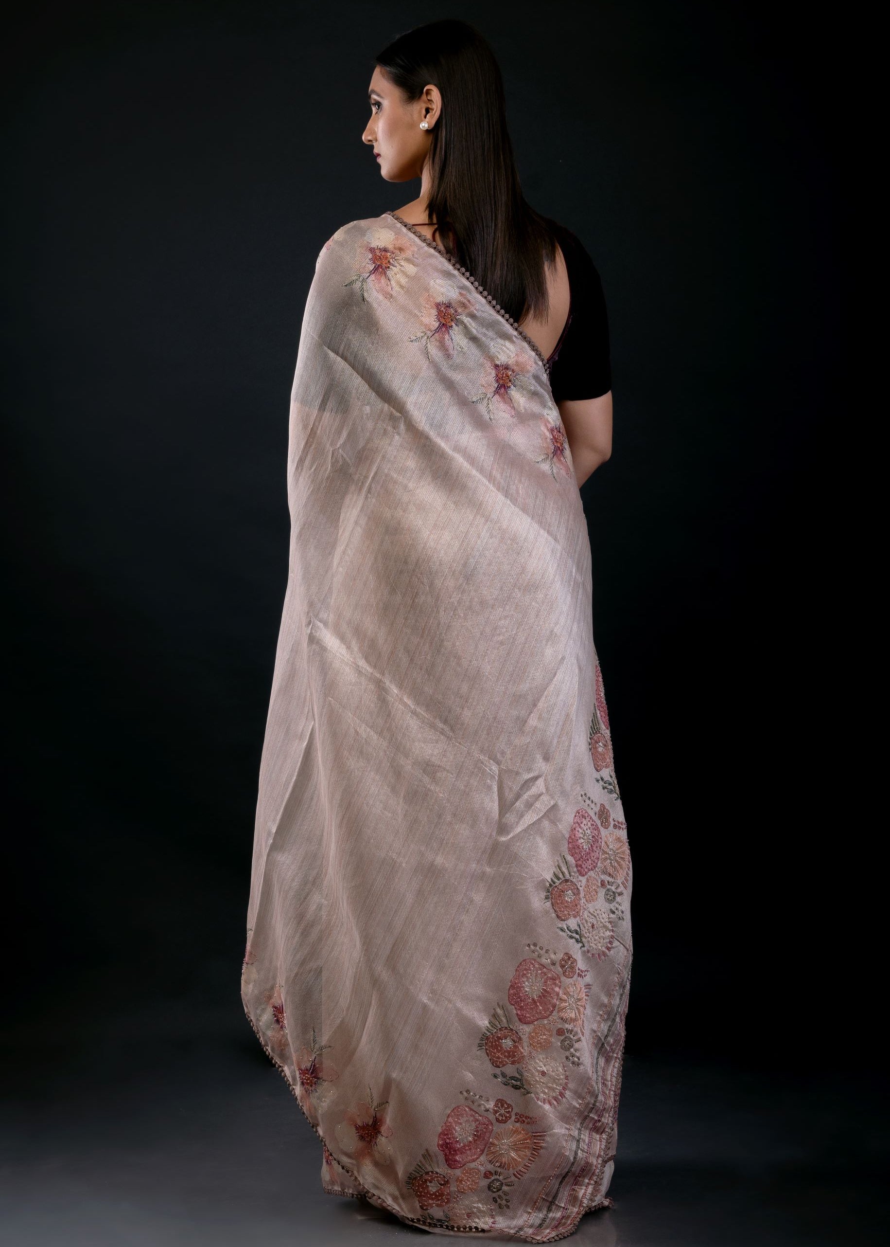 Pearl White Floral Embroidered Tissue Silk Saree - image 4