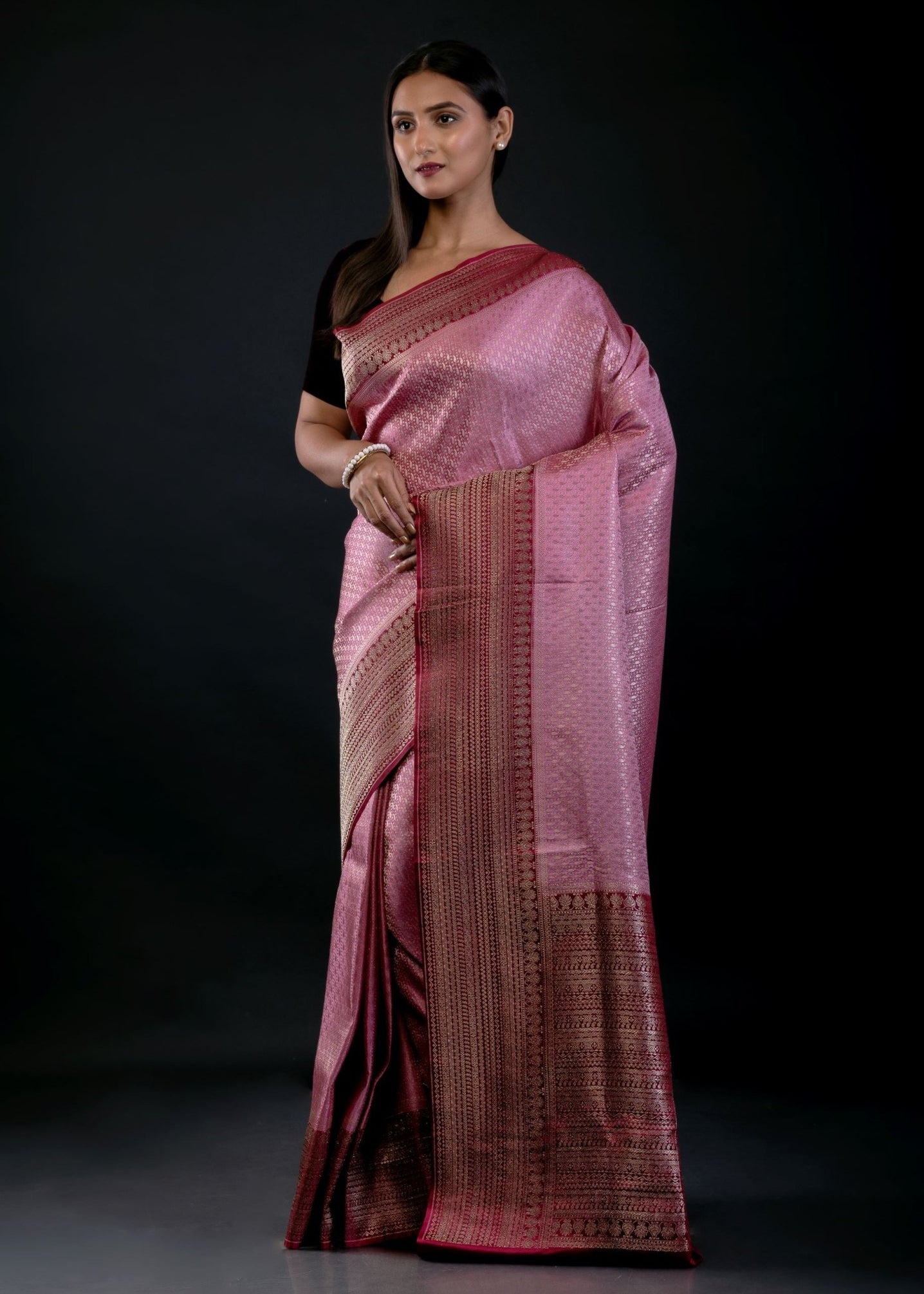 Pink Banarasi Katan Silk Saree with Contrast Golden Border - Anvi Couture
