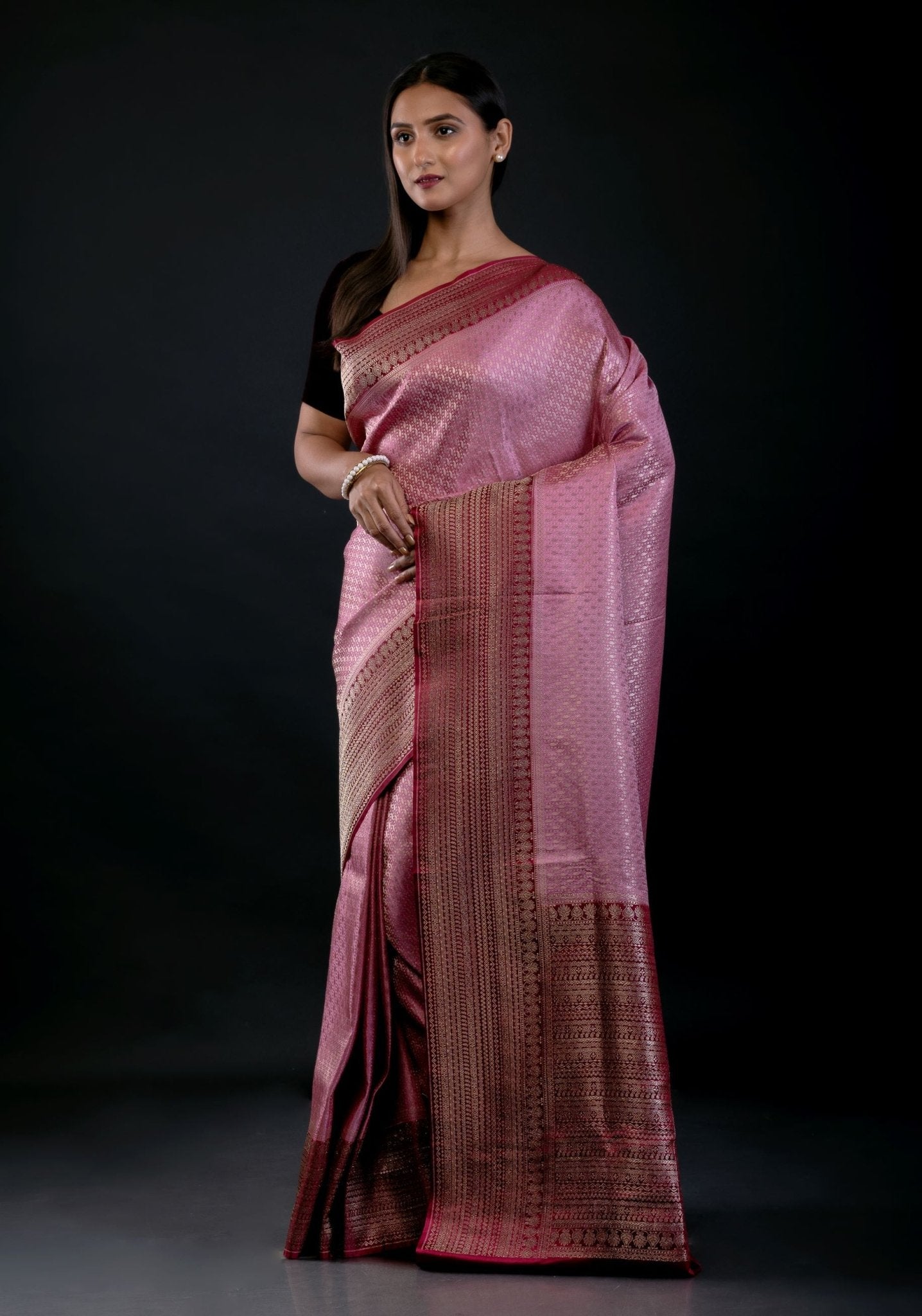 Pink Banarasi Katan Silk Saree with Contrast Golden Border - Anvi Couture