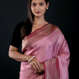 Pink Banarasi Katan Silk Saree with Contrast Golden Border - image 3