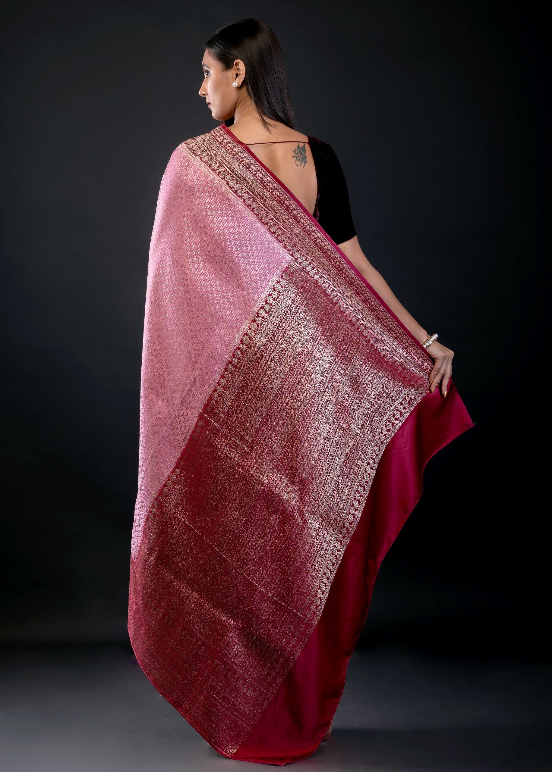 Pink Banarasi Katan Silk Saree with Contrast Golden Border - image 4