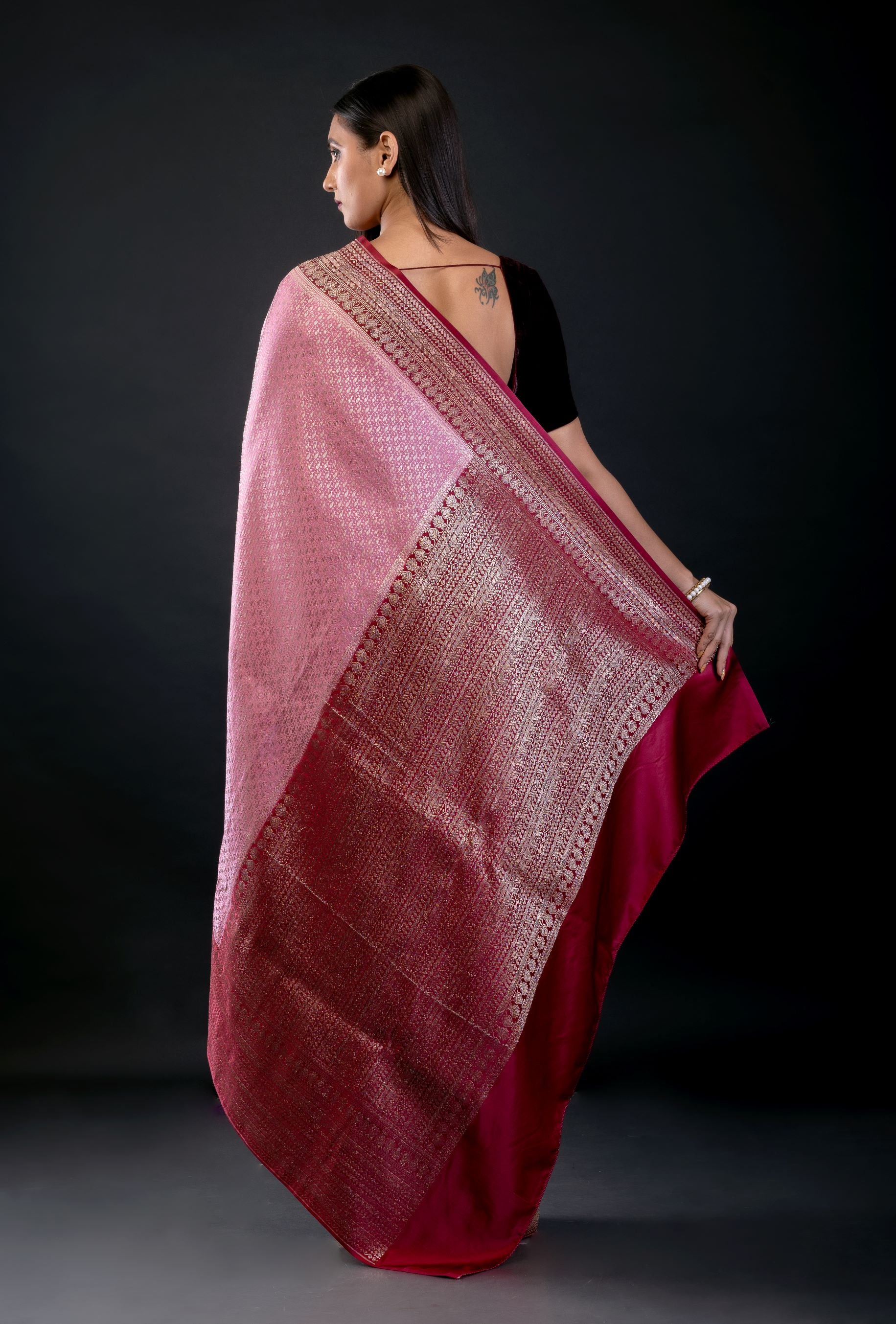 Pink Banarasi Katan Silk Saree with Contrast Golden Border - image 4