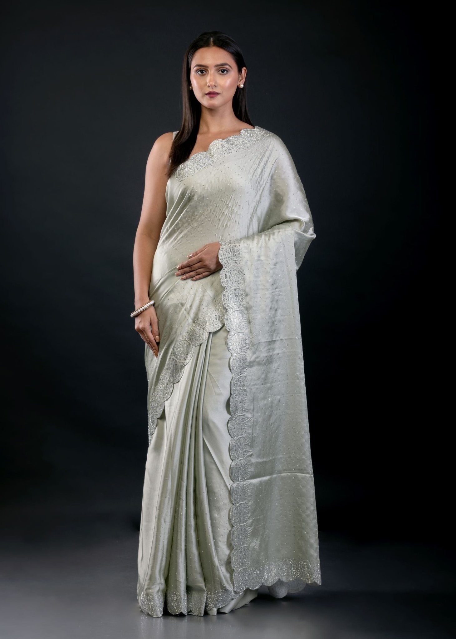 Light Olive Green Jimmy Choo Saree with All Over Sequin Work - Anvi Couture