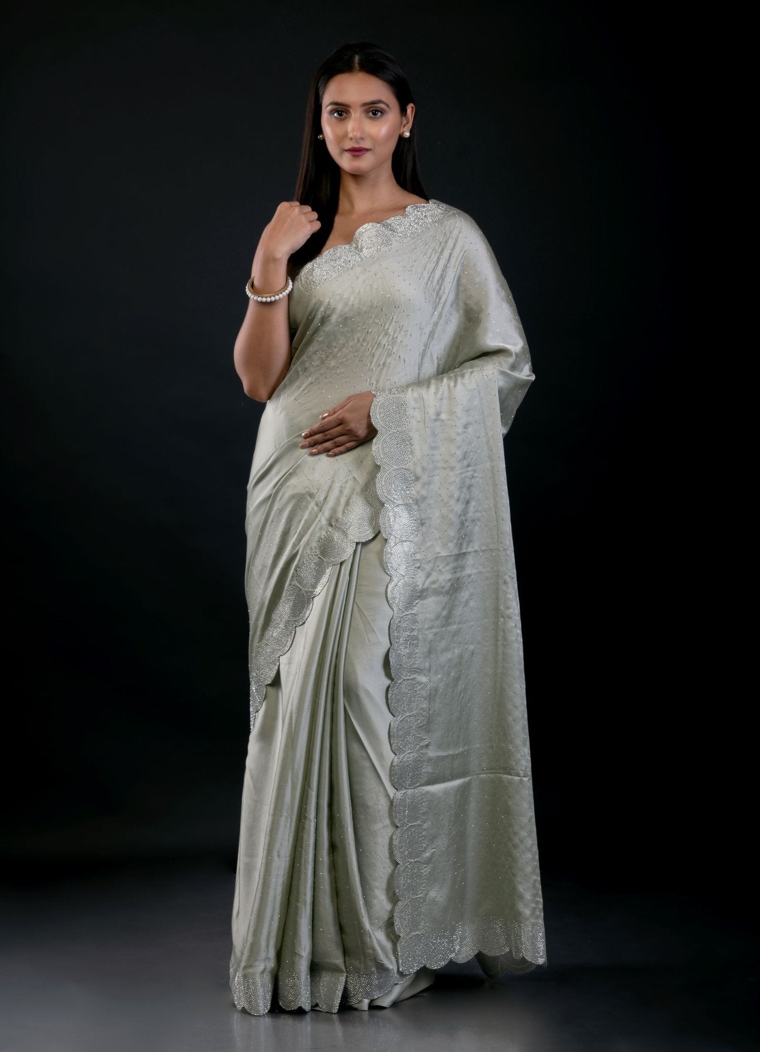 Light Olive Green Jimmy Choo Saree with All Over Sequin Work - Anvi Couture