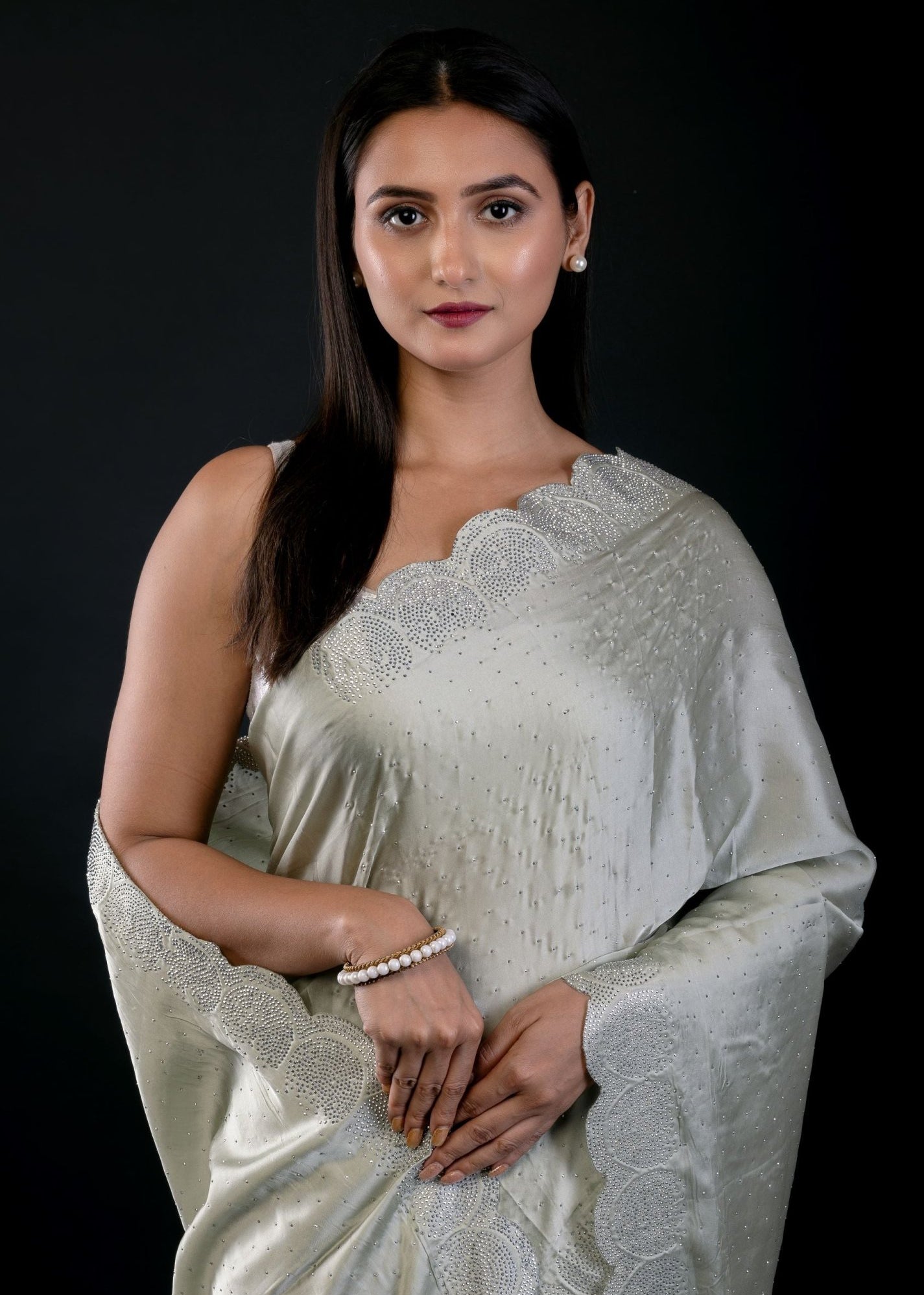 Light Olive Green Jimmy Choo Saree with All Over Sequin Work - Anvi Couture