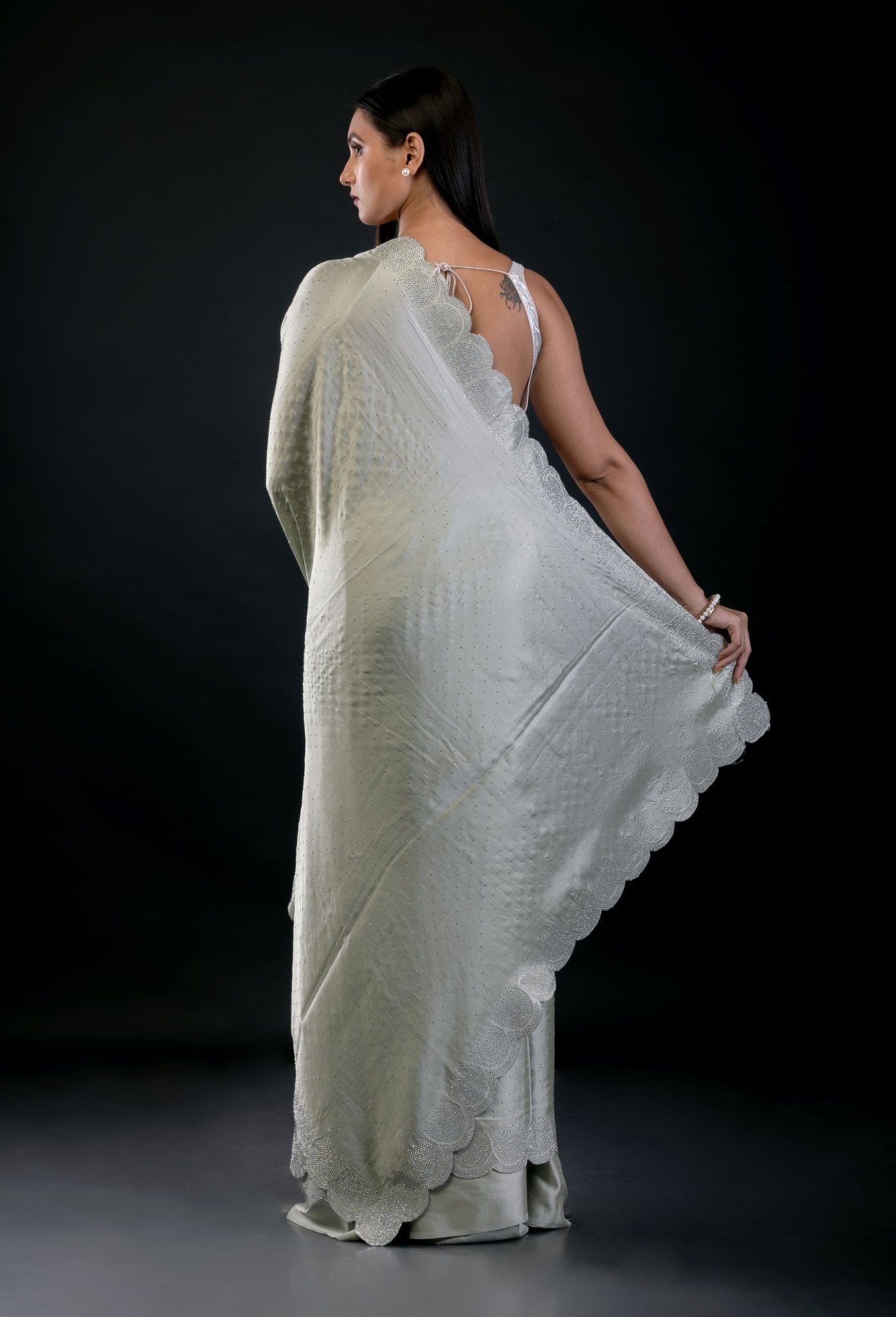 Light Olive Green Jimmy Choo Saree with All Over Sequin Work - Anvi Couture