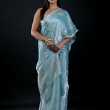 Light Blue Jimmy Choo Saree with All Over Stone work - Anvi Couture