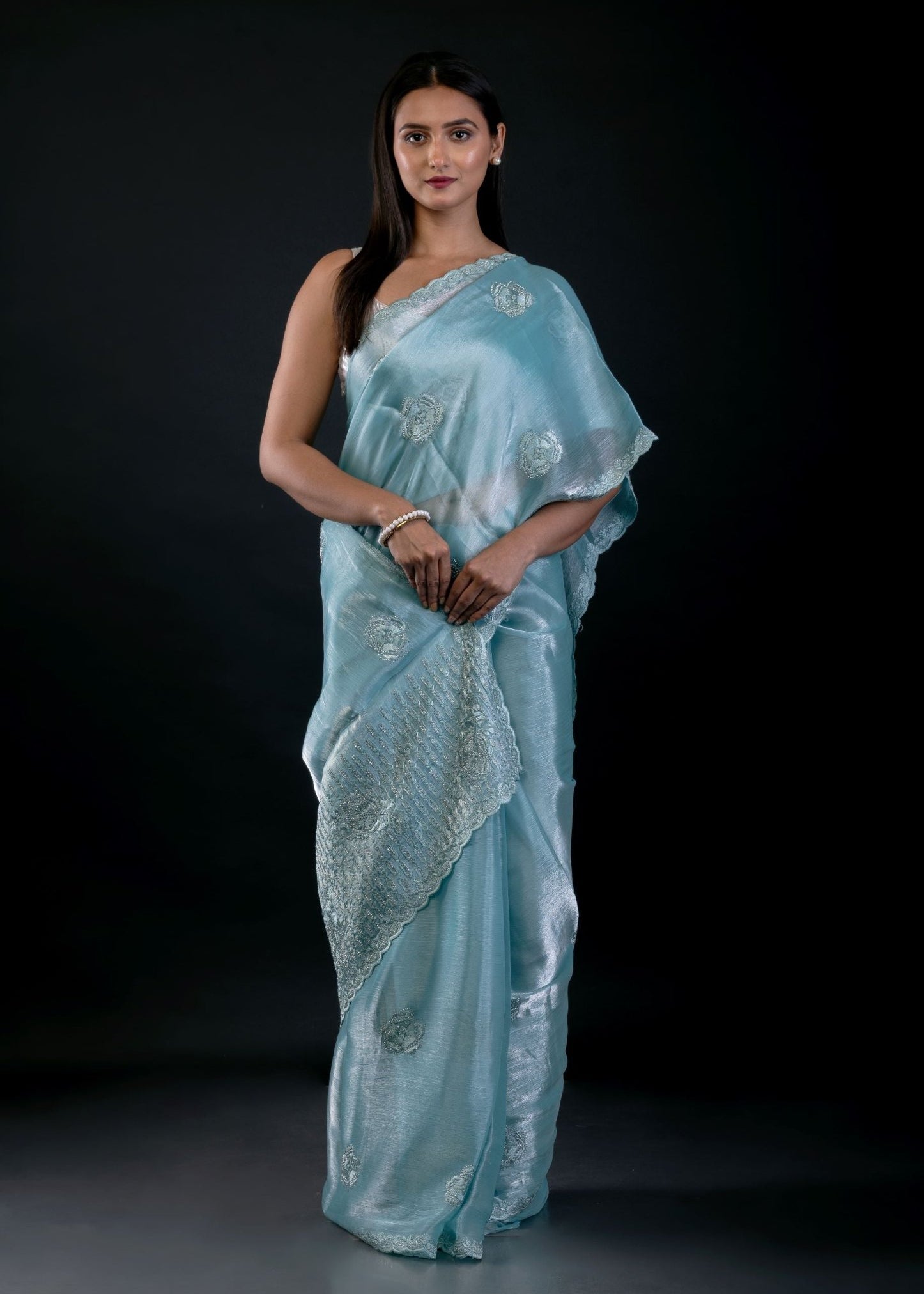 Light Blue Jimmy Choo Saree with All Over Stone work - Anvi Couture