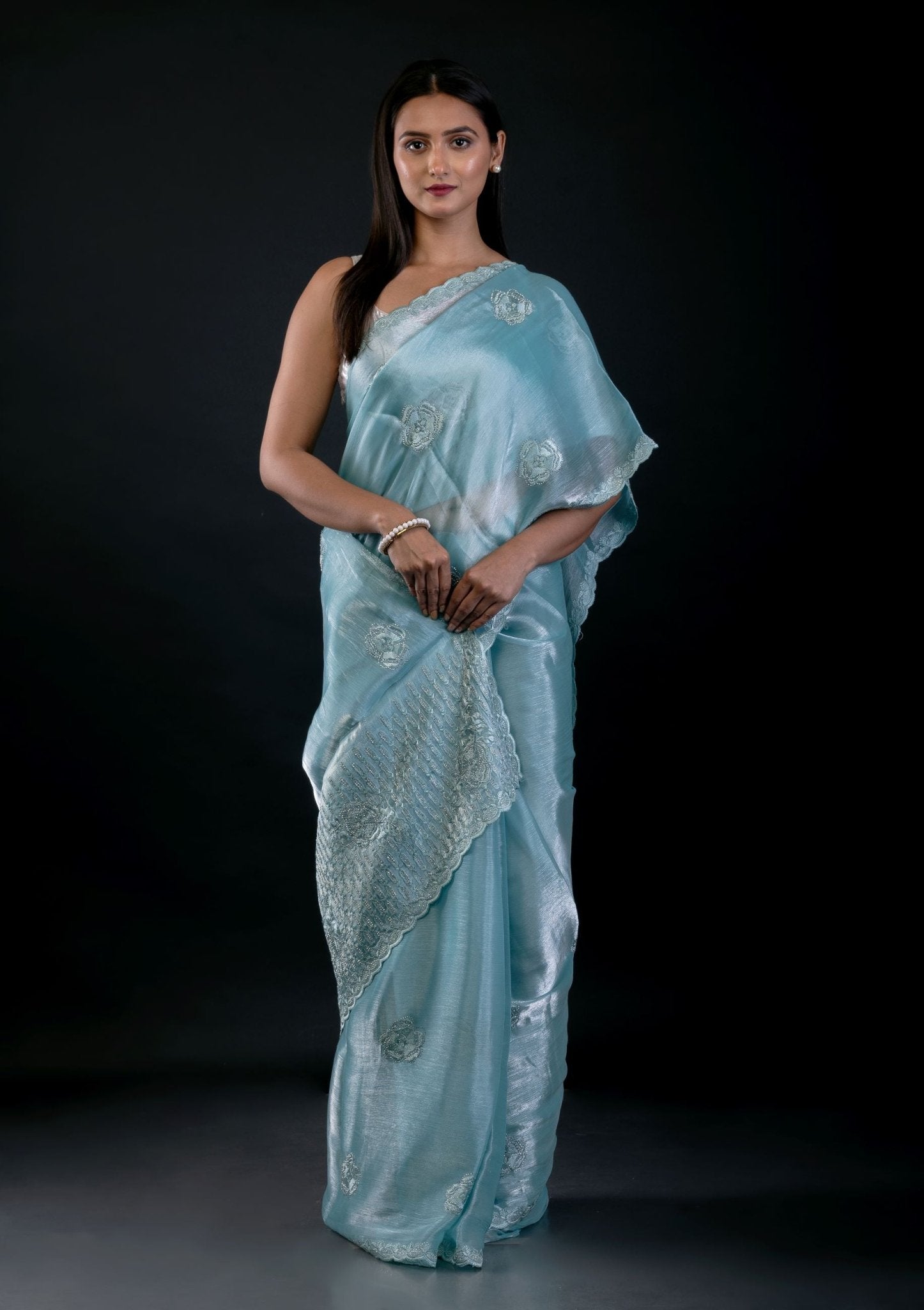 Light Blue Jimmy Choo Saree with All Over Stone work - Anvi Couture
