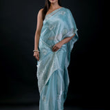 Light Blue Jimmy Choo Saree with All Over Stone work - Anvi Couture