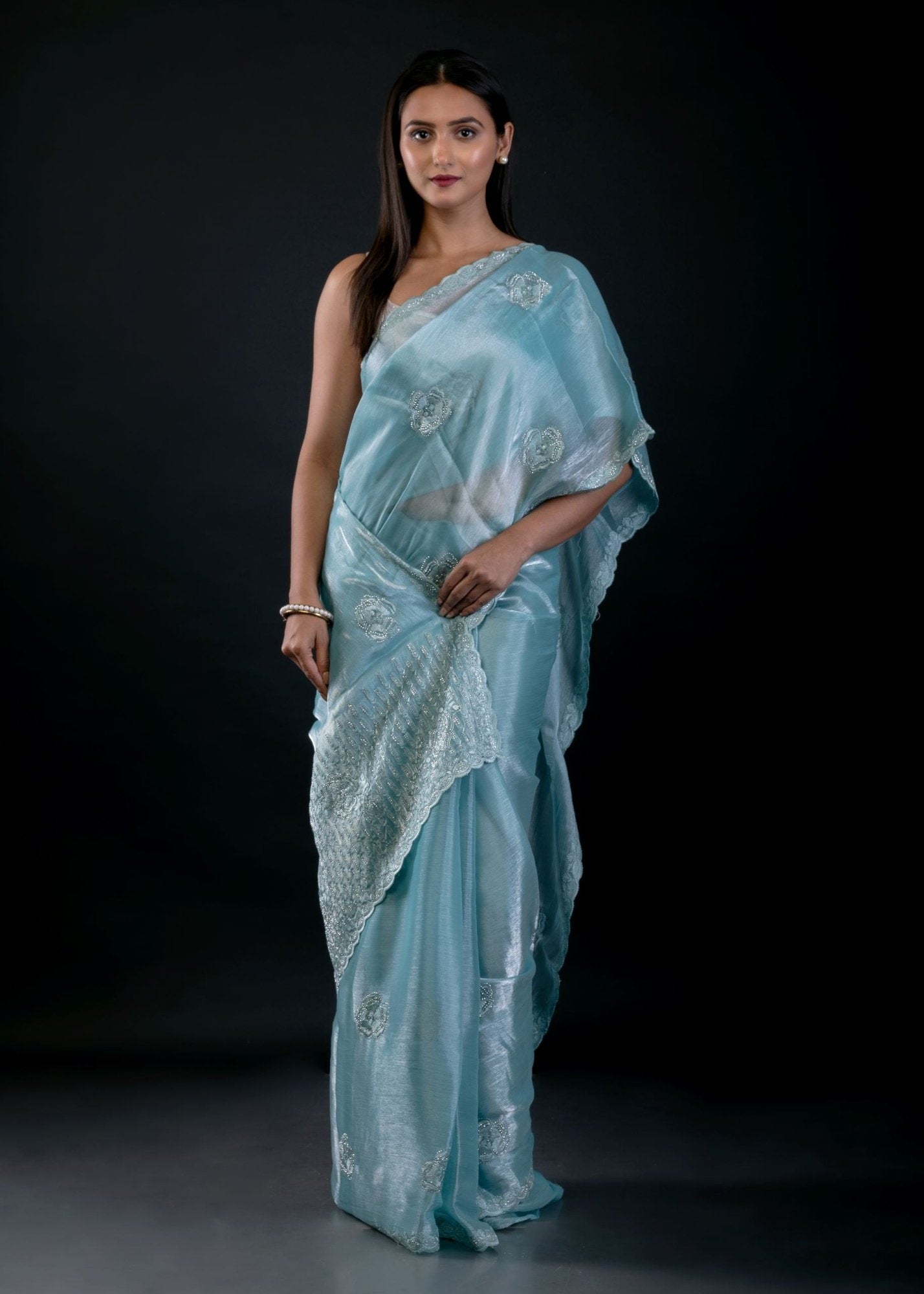 Light Blue Jimmy Choo Saree with All Over Stone work - Anvi Couture