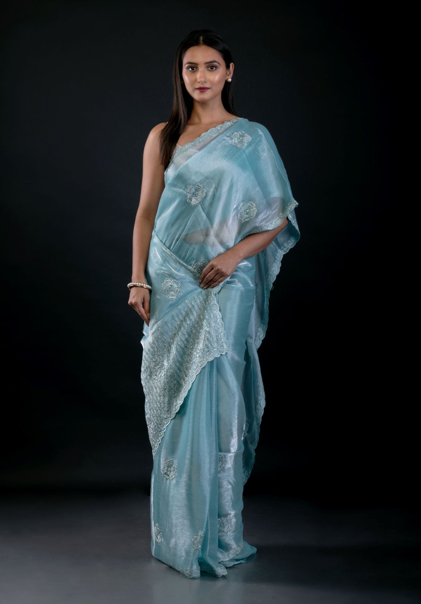 Light Blue Jimmy Choo Saree with All Over Stone work - Anvi Couture