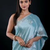 Light Blue Jimmy Choo Saree with All Over Stone work - Anvi Couture