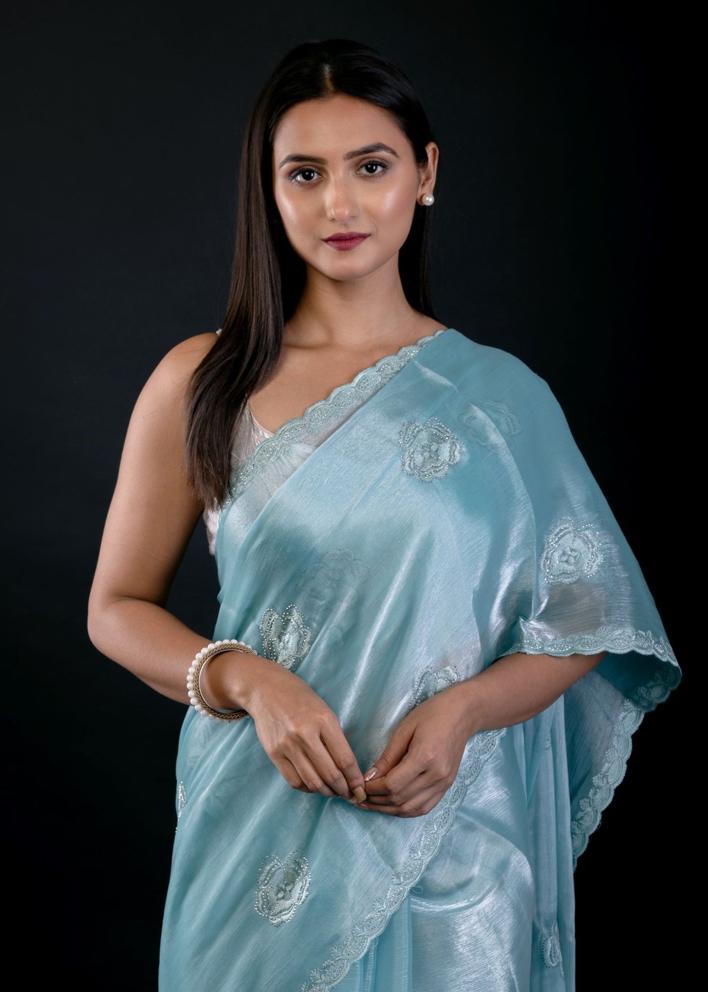 Light Blue Jimmy Choo Saree with All Over Stone work - Anvi Couture