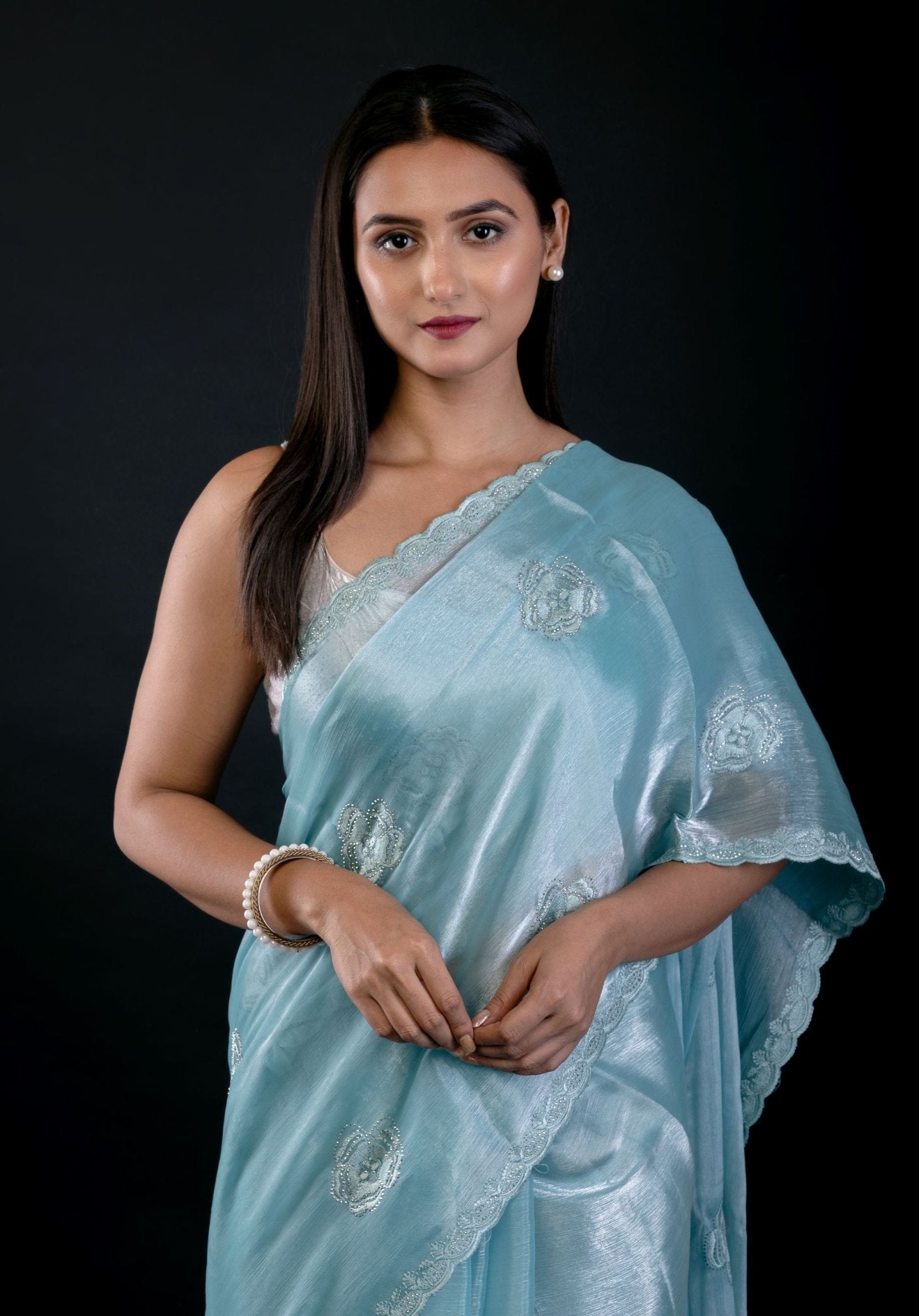 Light Blue Jimmy Choo Saree with All Over Stone work - Anvi Couture