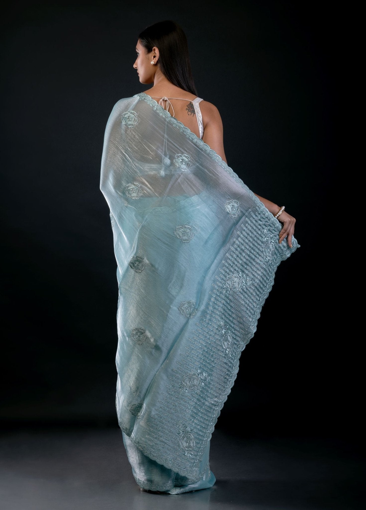 Light Blue Jimmy Choo Saree with All Over Stone work - Anvi Couture