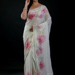 Light Green Georgette Saree With Floral Print and Embroidered Work - Anvi Couture