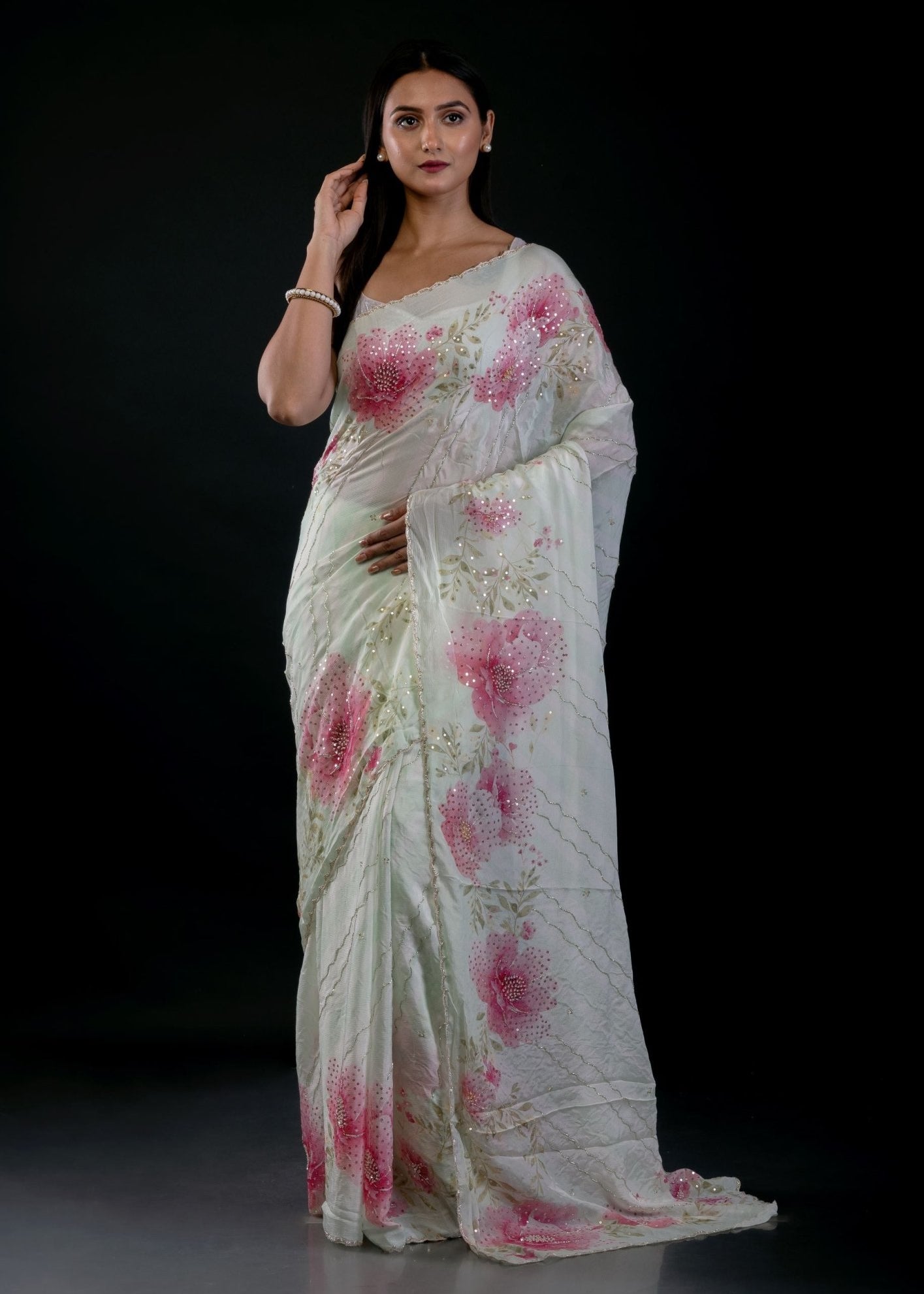 Light Green Georgette Saree With Floral Print and Embroidered Work - Anvi Couture