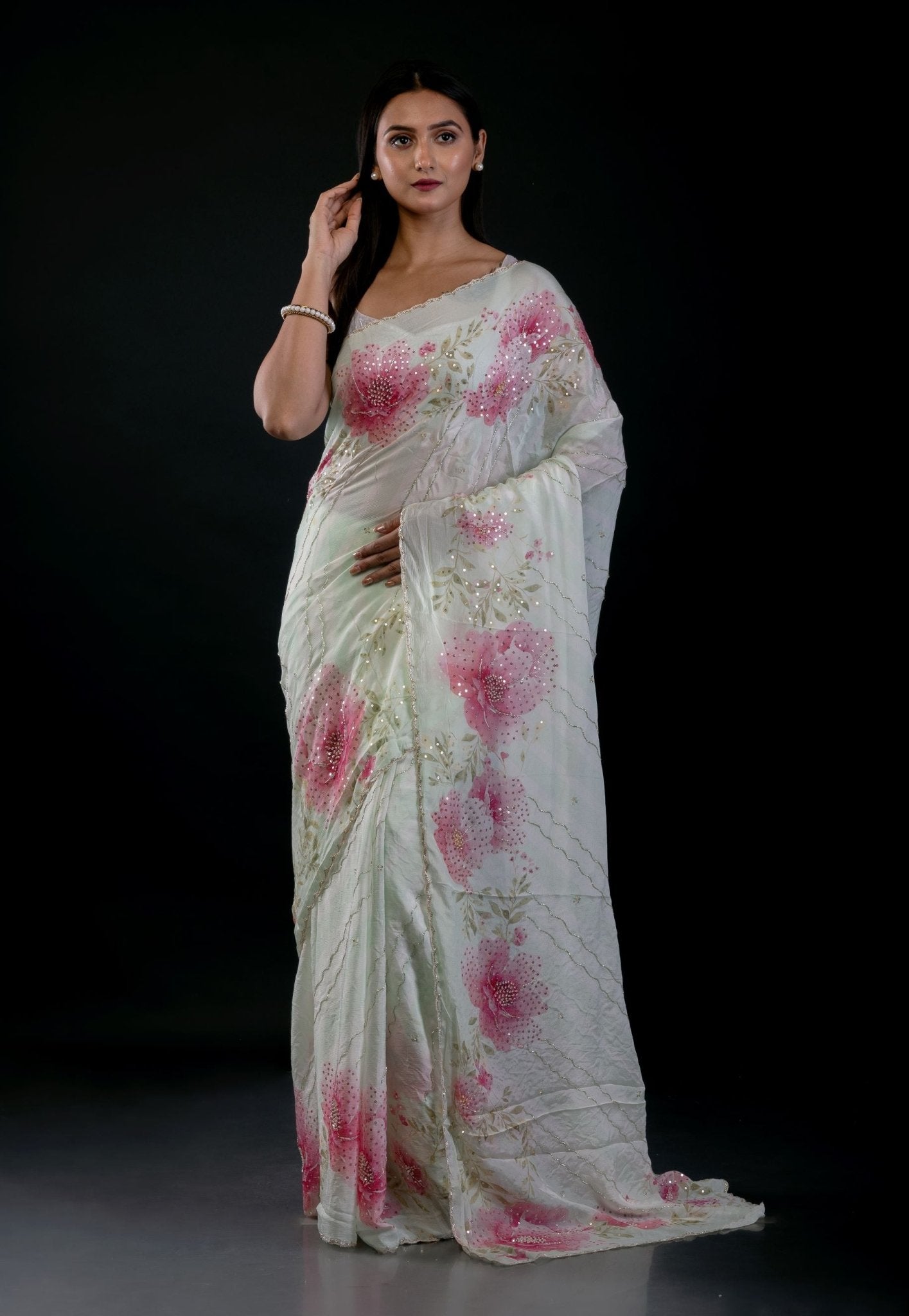 Light Green Georgette Saree With Floral Print and Embroidered Work - Anvi Couture