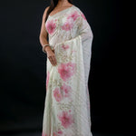 Light Green Georgette Saree With Floral Print and Embroidered Work - Anvi Couture