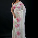 Light Green Georgette Saree With Floral Print and Embroidered Work - Anvi Couture