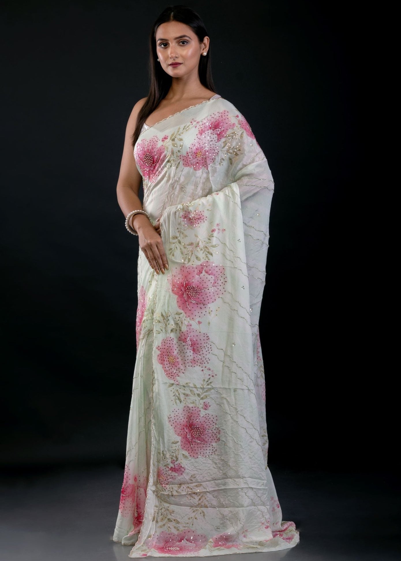 Light Green Georgette Saree With Floral Print and Embroidered Work - Anvi Couture