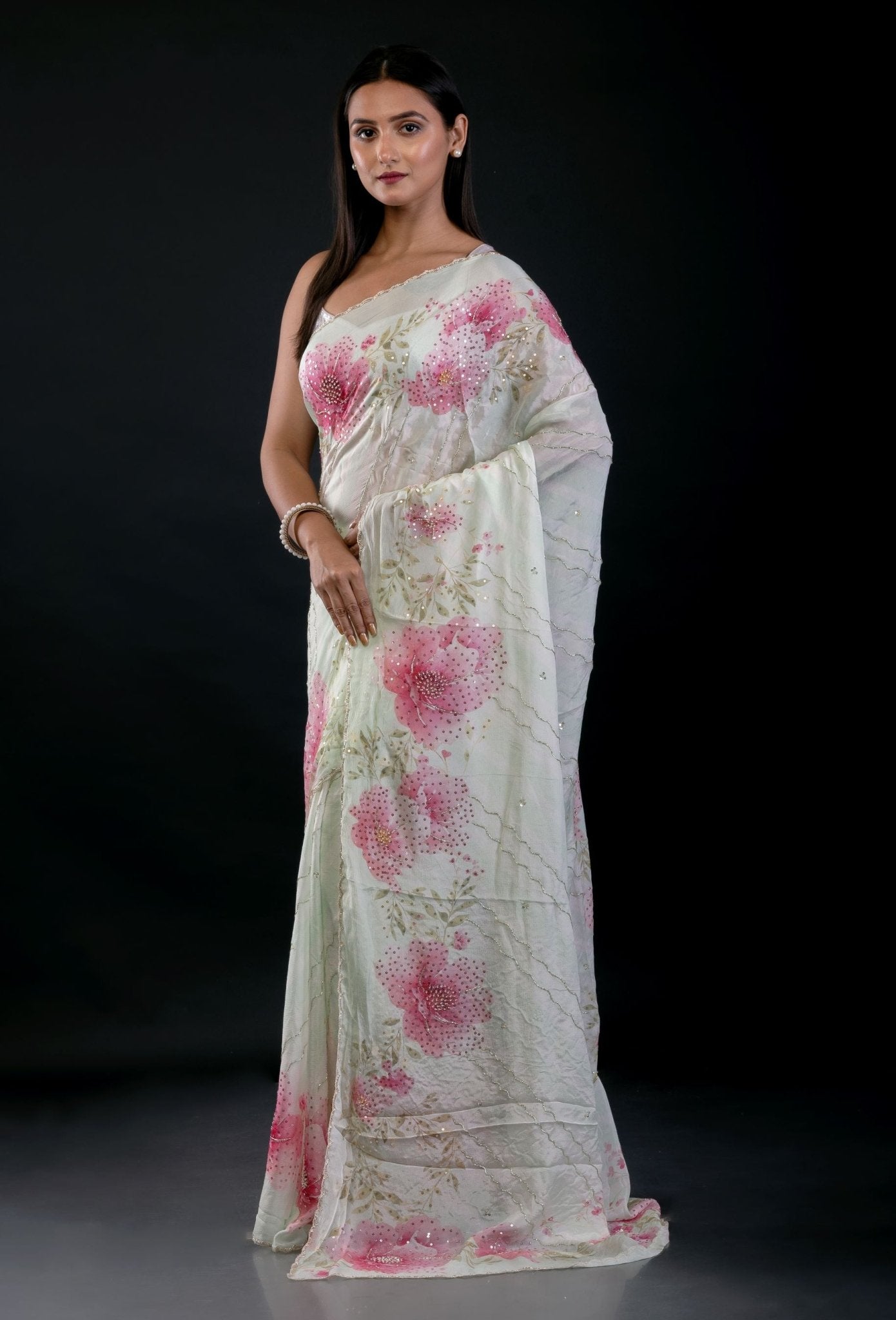 Light Green Georgette Saree With Floral Print and Embroidered Work - Anvi Couture